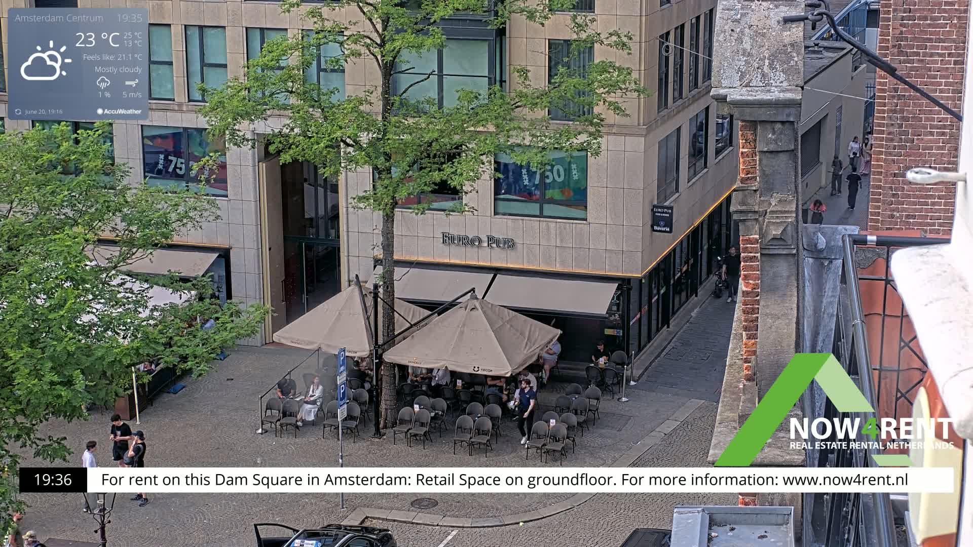 A mostly cloudy outdoor scene shows a city square with a pub patio, several people, and buildings.