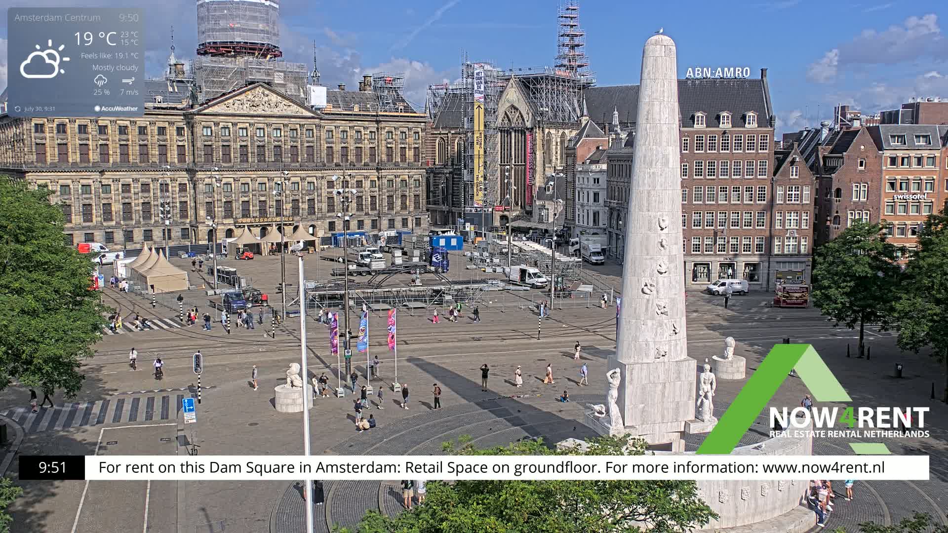 A mostly cloudy day in a large city square with a tall monument at the center, surrounded by buildings and a few people.