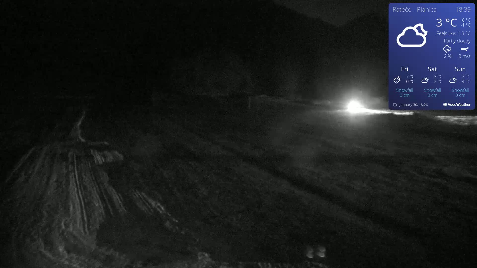 A nighttime, partly cloudy scene shows a dark, snow-covered landscape with a single vehicle's headlights visible in the distance.