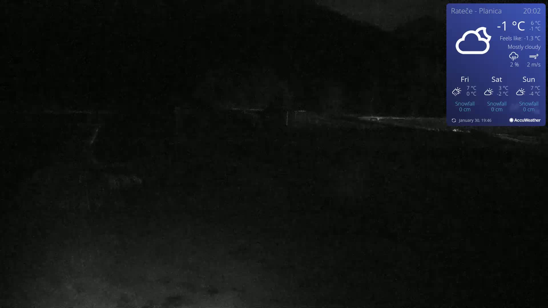 A mostly cloudy night scene shows a dark landscape under a -1°C temperature.
