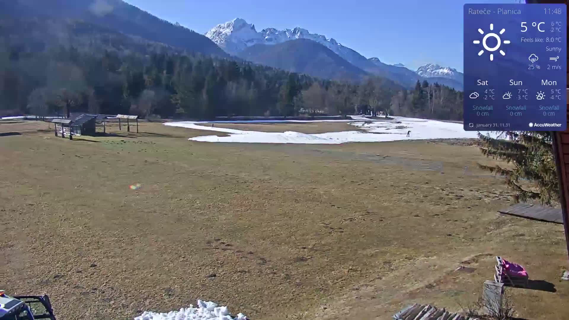 A sunny, partially snow-covered field with a mountain range in the background.