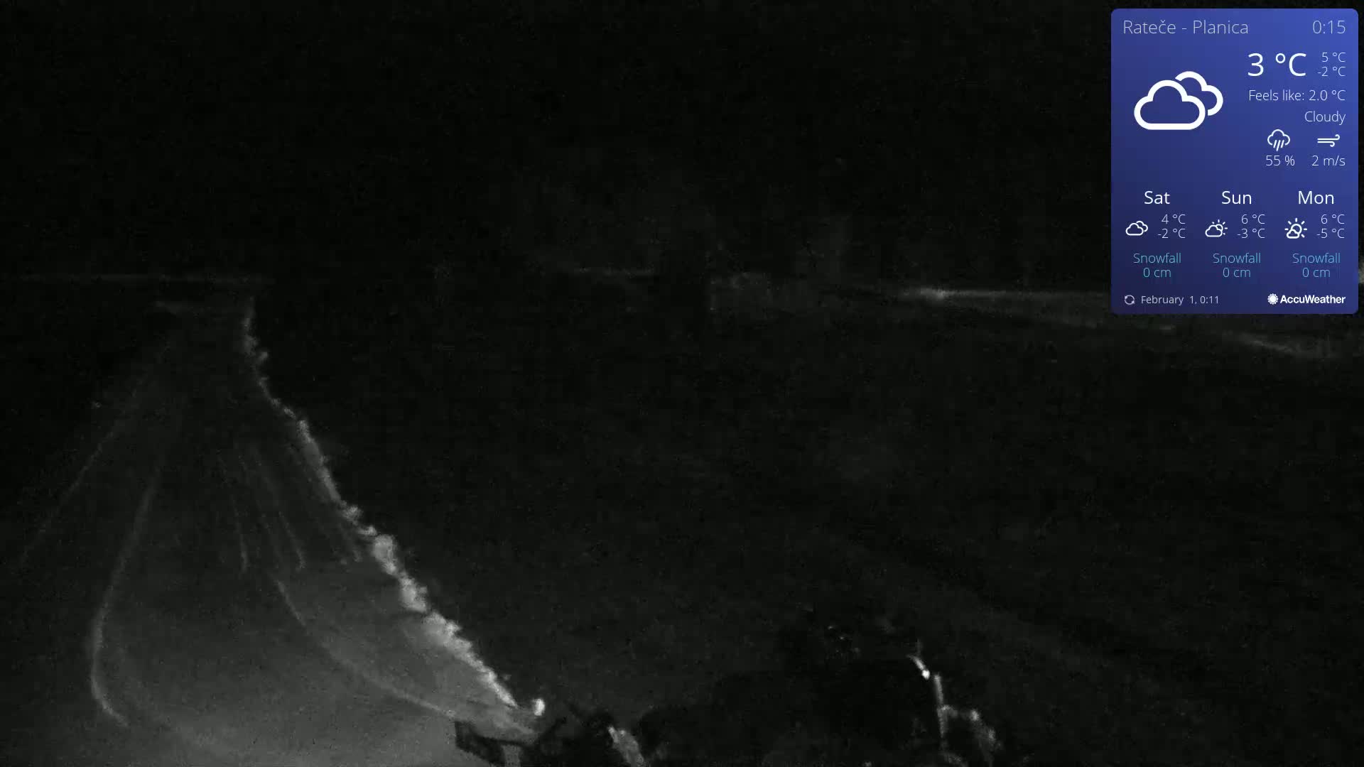 A nighttime, cloudy scene shows a dark road curving gently to the left, under a 3°C temperature.
