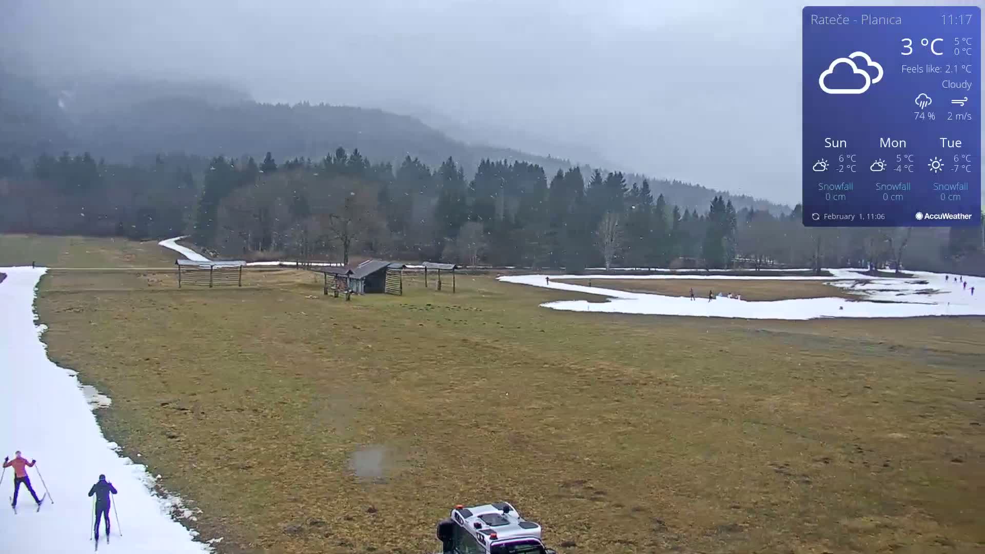 A snowy, cloudy day shows a wide, open field with patches of snow, a few cross-country skiers, and a vehicle near the bottom, backed by a forested hillside.