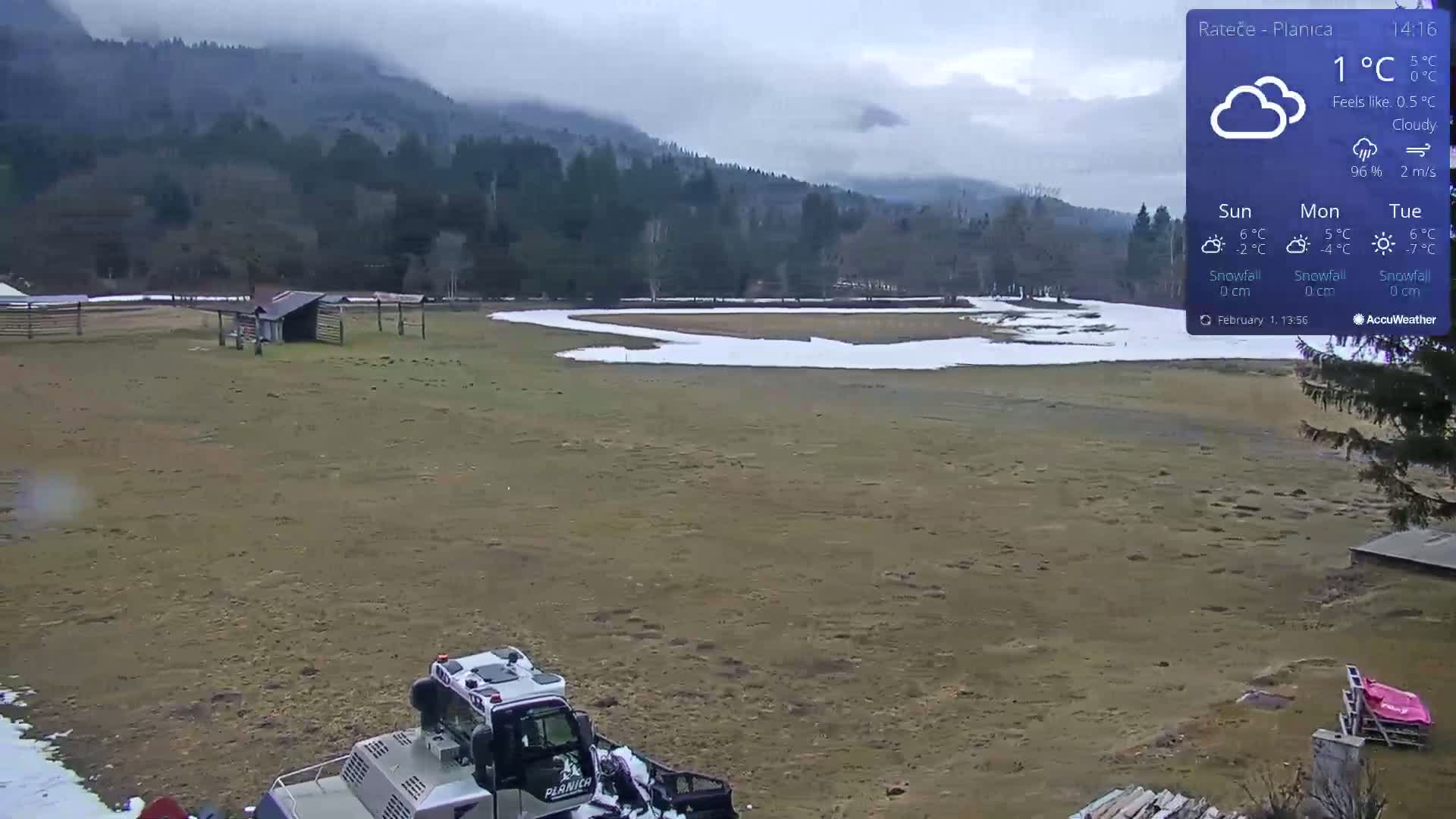 A cloudy, 1°C day shows a snow-dusted field with a small structure and a piece of snow-removal equipment in the foreground, backed by a line of dark evergreen trees and mountains.