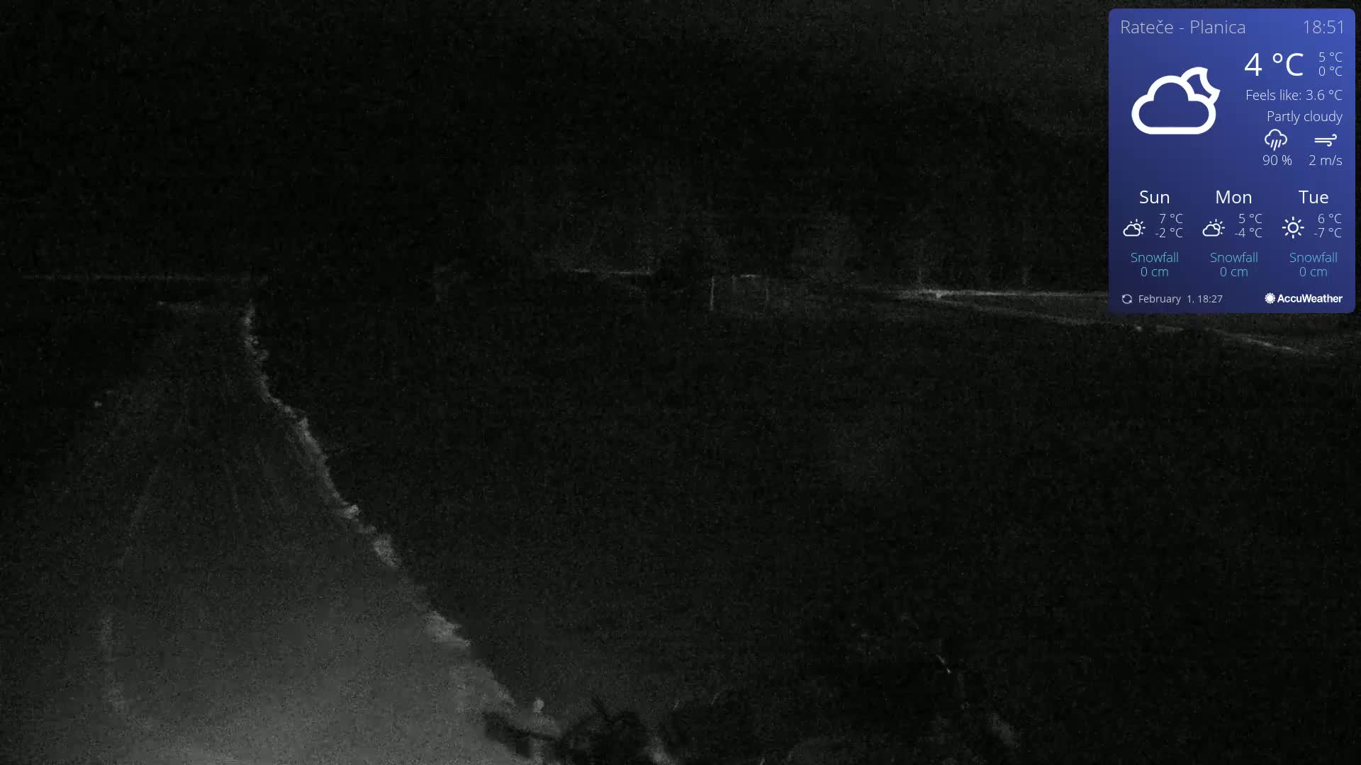 A nighttime, partly cloudy scene shows a dark, snow-covered landscape under a 4°C temperature.