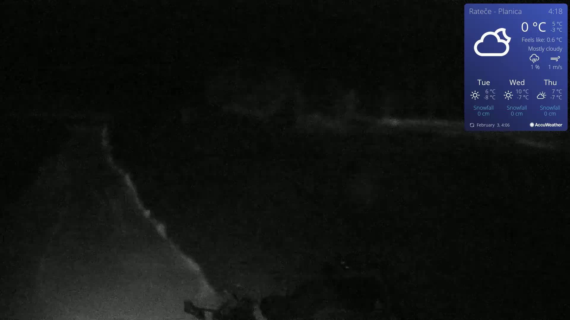A mostly cloudy, nighttime scene shows a dimly lit, snow-covered landscape under a 0°C temperature.