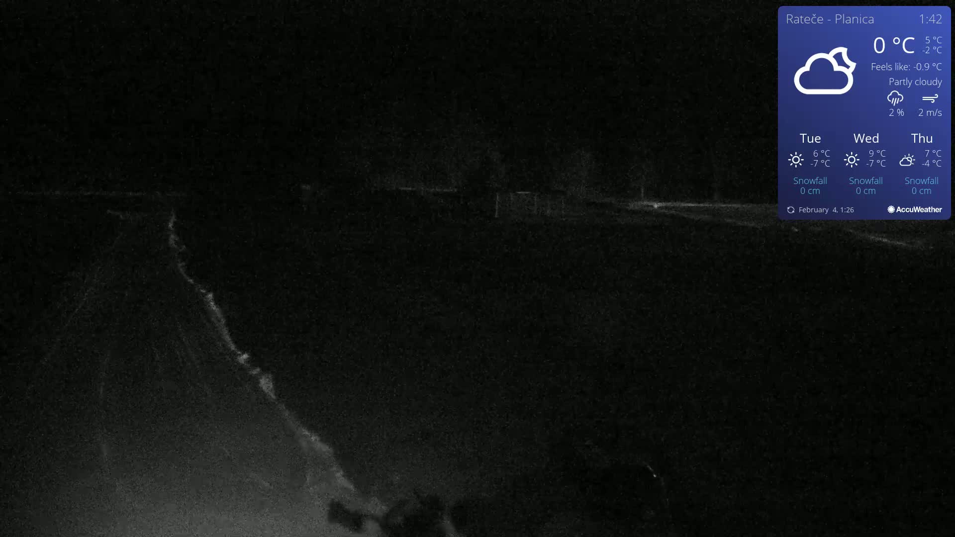 A nighttime, partly cloudy scene shows a dark, snow-covered landscape under a 0°C temperature.