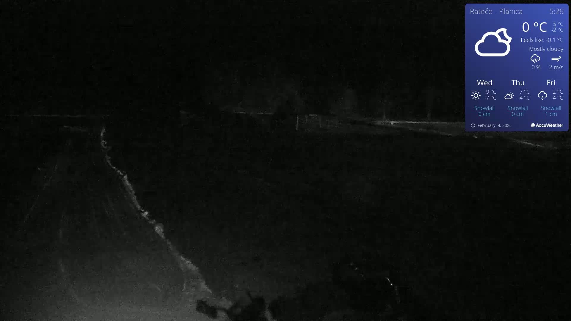 A mostly cloudy nighttime scene shows a dark road with a lighter patch of snow or ice in the lower-left corner, under a 0°C temperature.