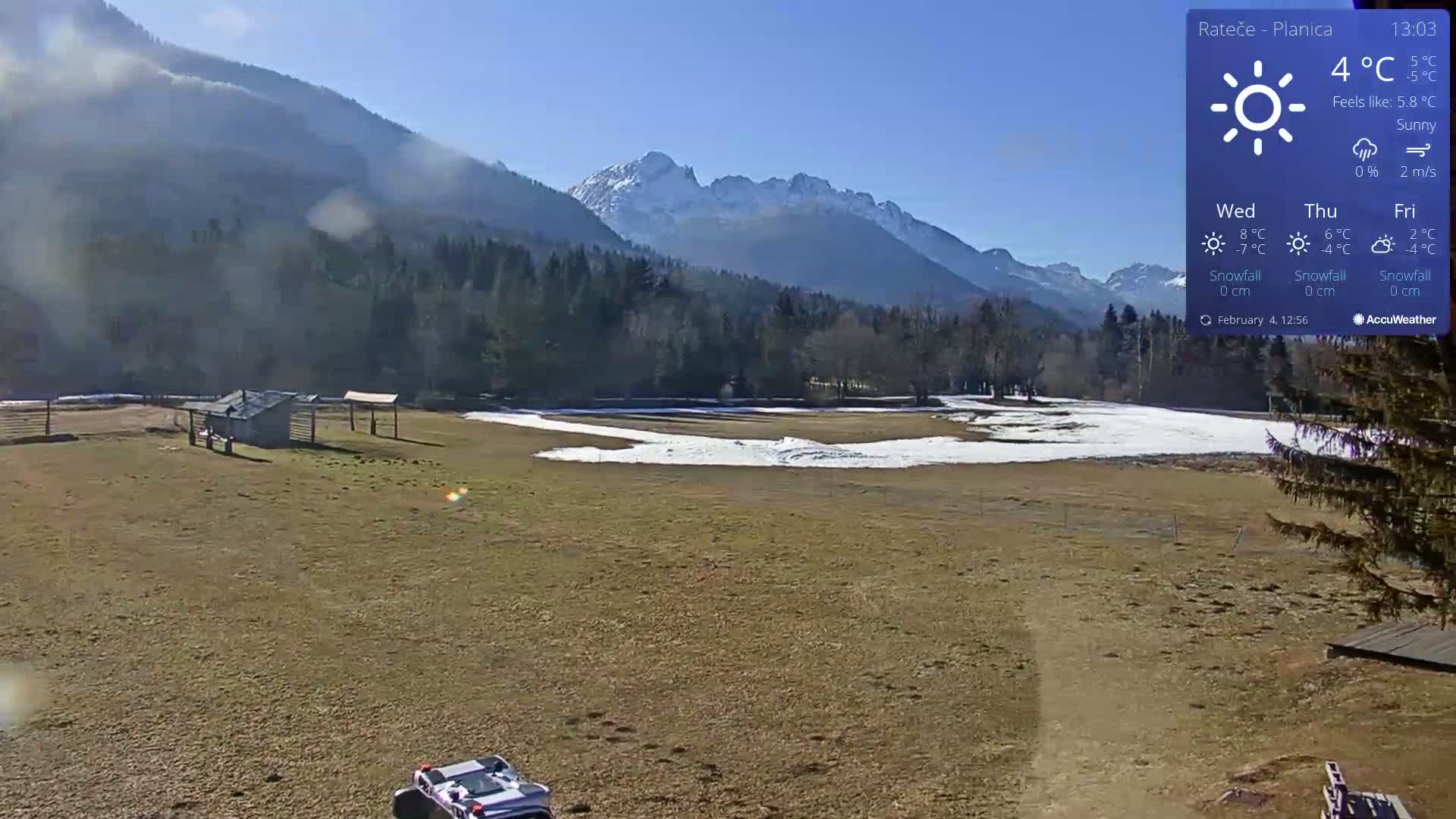 A sunny, snow-dusted field sits before a backdrop of snow-capped mountains and a dark forest under a clear blue sky.