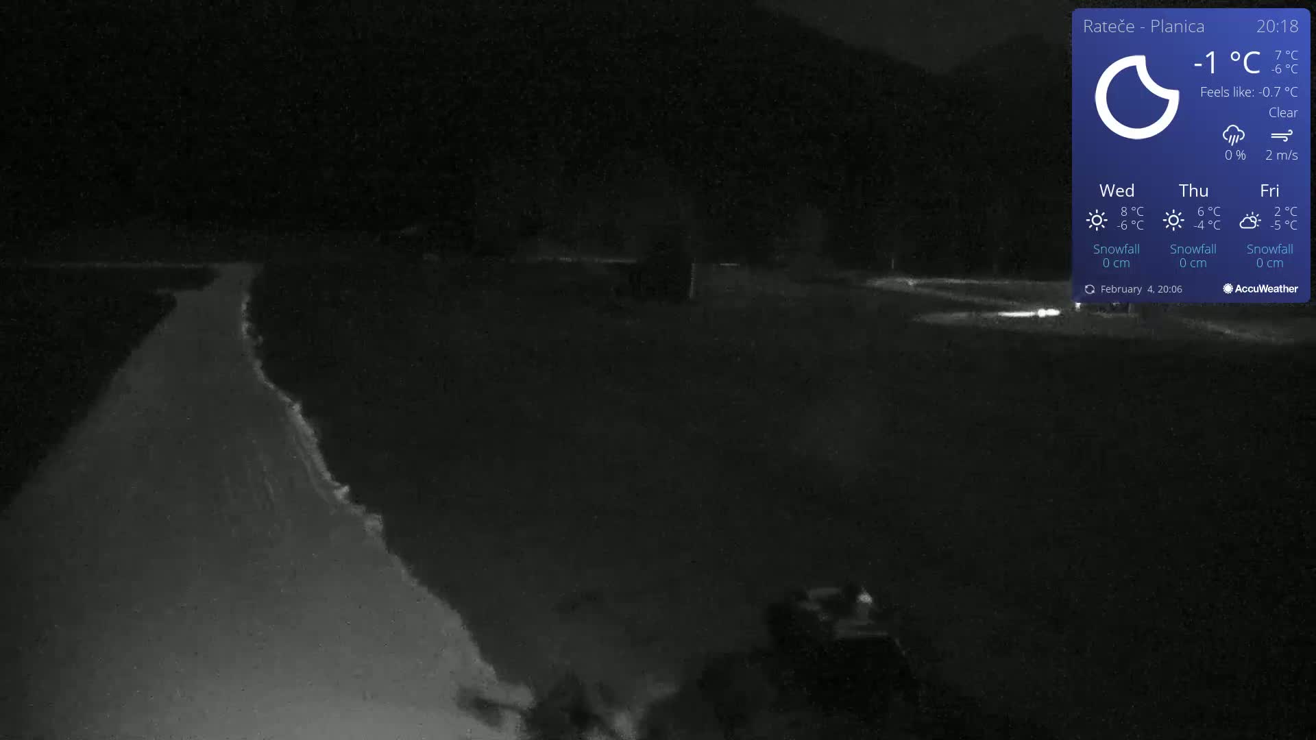 A nighttime, clear view of a snow-covered road under a dark sky with a minus 1 degree Celsius temperature.