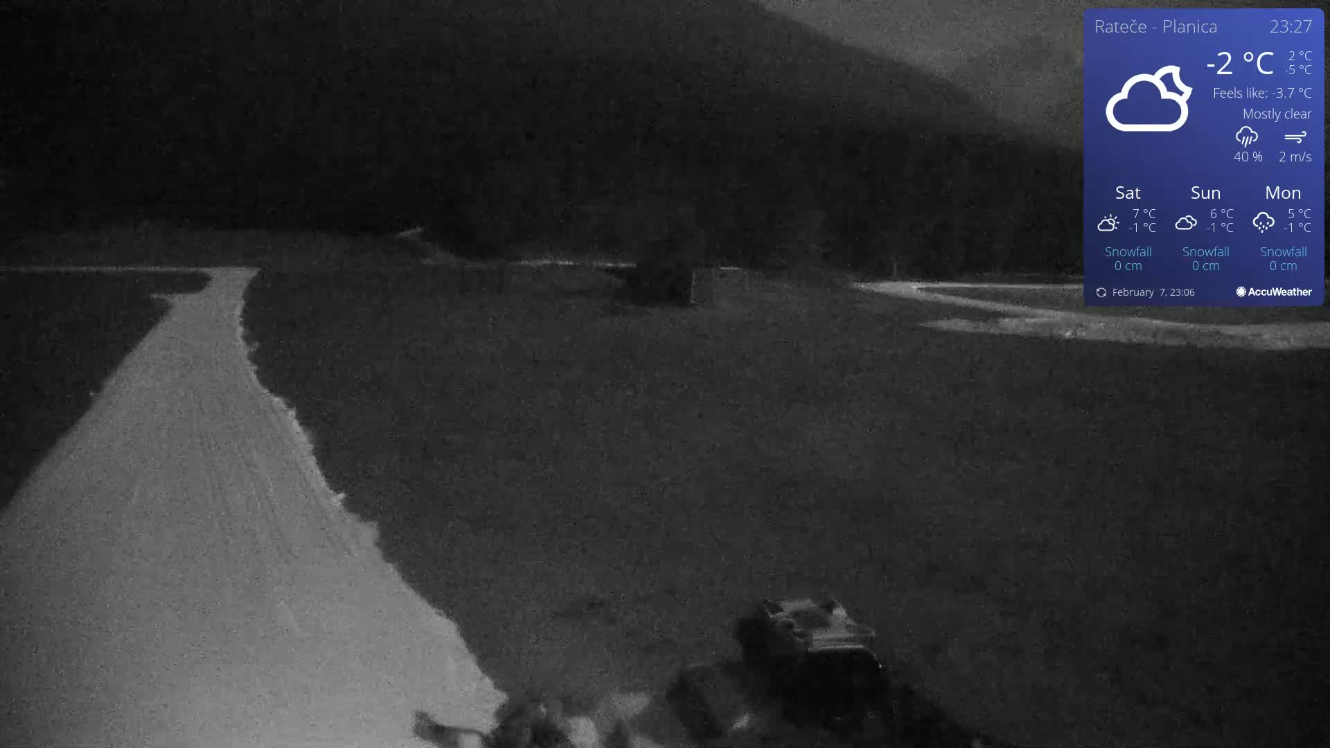 A mostly clear, nighttime scene shows a snow-covered path winding through a dark, flat expanse under a -2°C temperature.