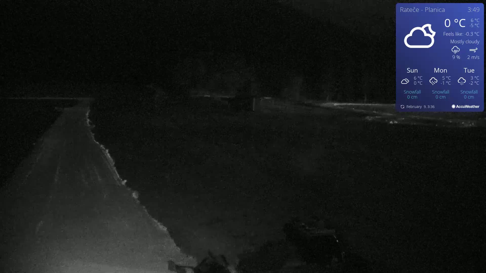 A mostly cloudy night scene shows a dark road illuminated in the foreground with dark, indistinct land and vegetation in the background under a 0°C temperature.
