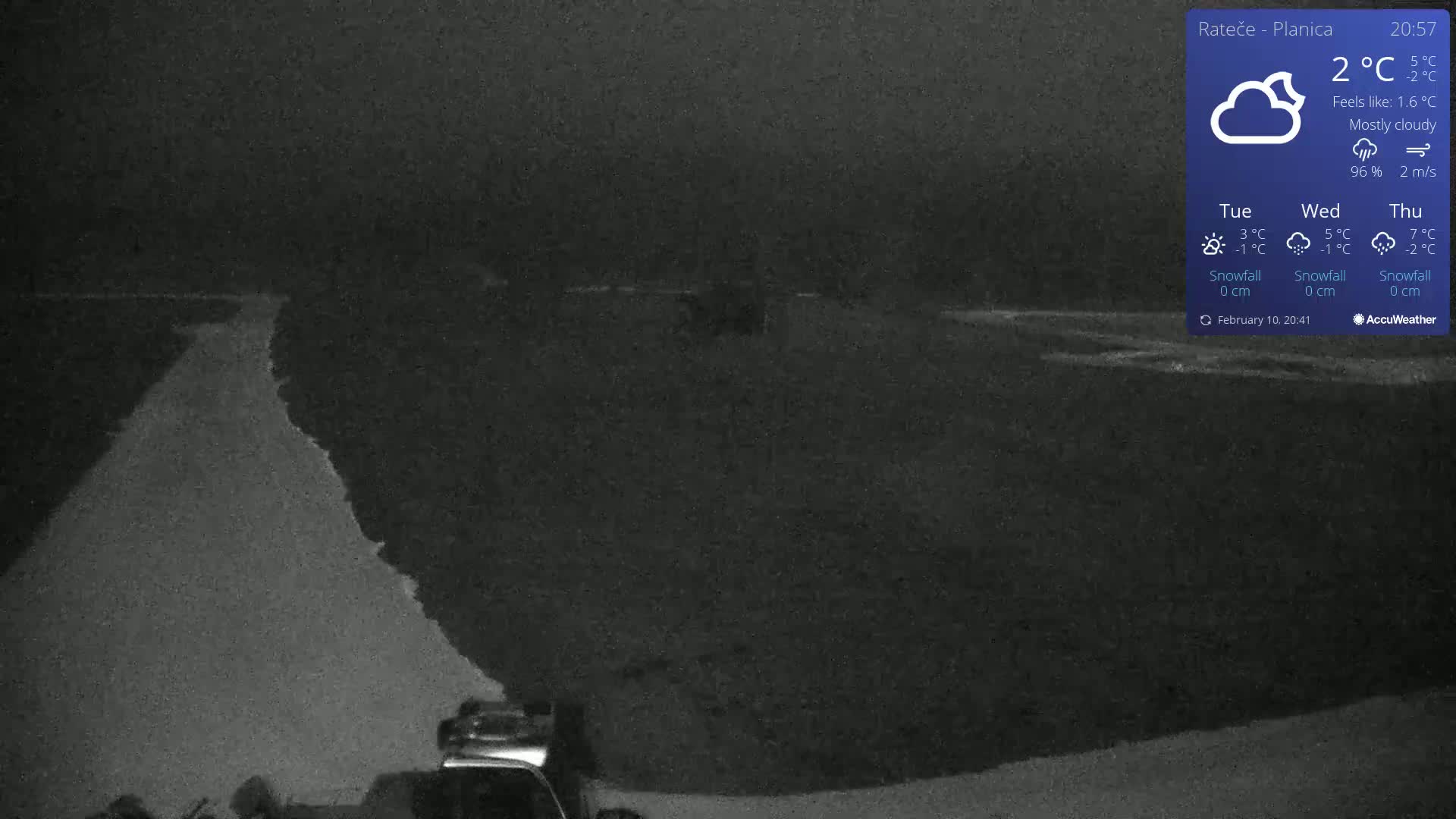 A mostly cloudy night scene shows a dark road and a vehicle, under a 2°C temperature.