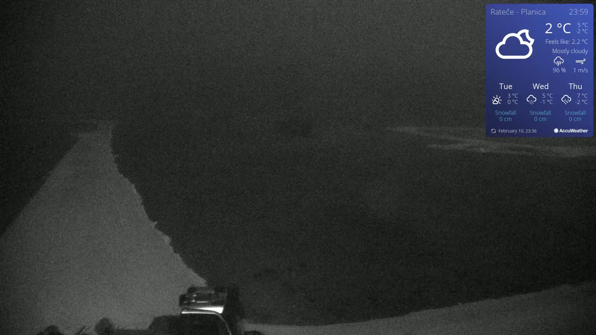 A mostly cloudy night scene shows a dark road with a vehicle partially visible in the lower right corner, under a temperature of 2°C.