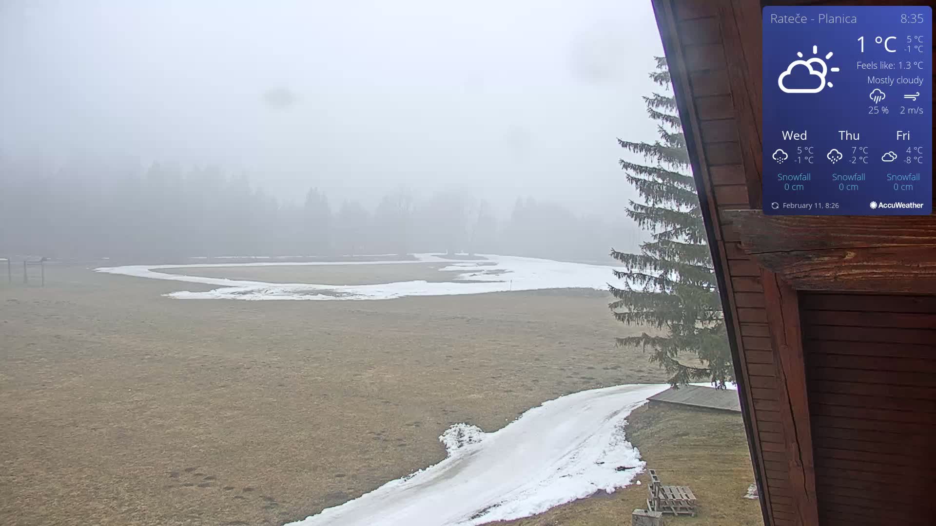 A mostly cloudy, foggy field with patches of snow and ice, viewed from a partially visible wooden structure.
