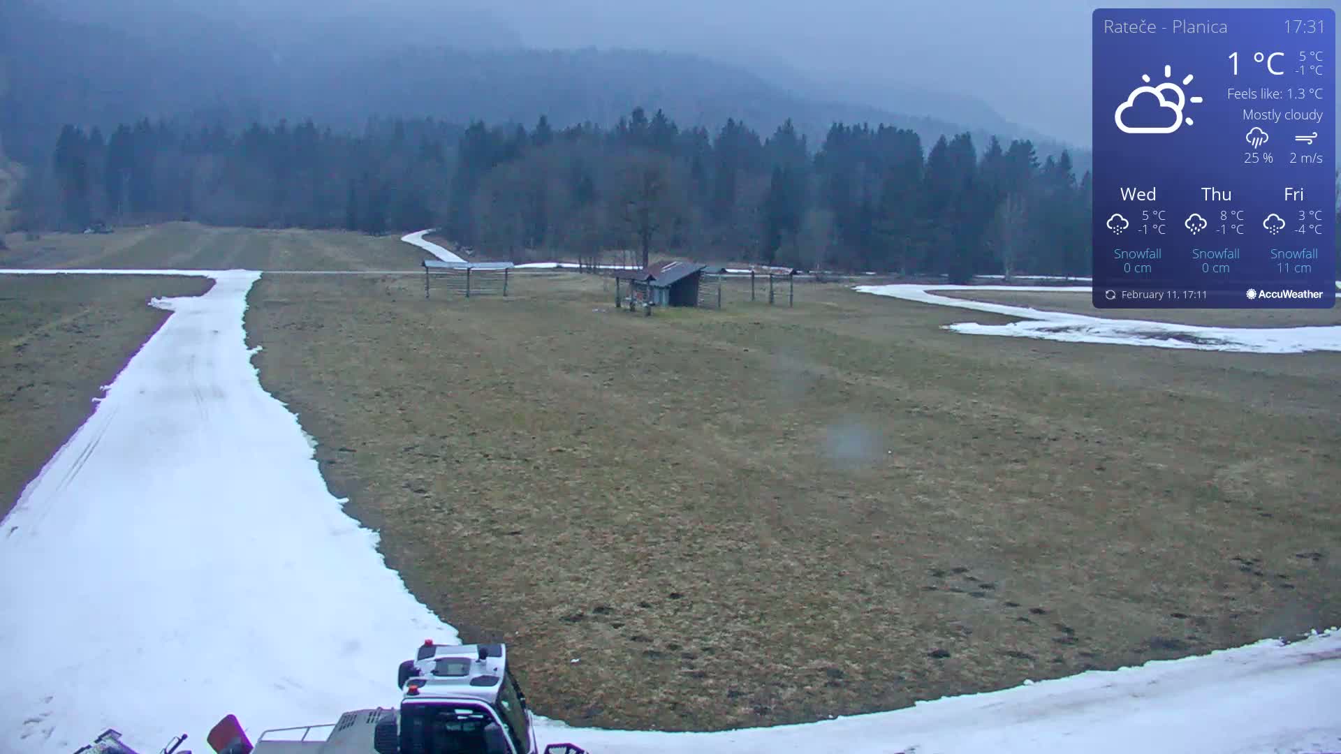A mostly cloudy, 1°C day shows a snow-covered path winding through a field, with a snow-grooming machine at the bottom and a small building in the distance, all backed by a line of trees and hills.
