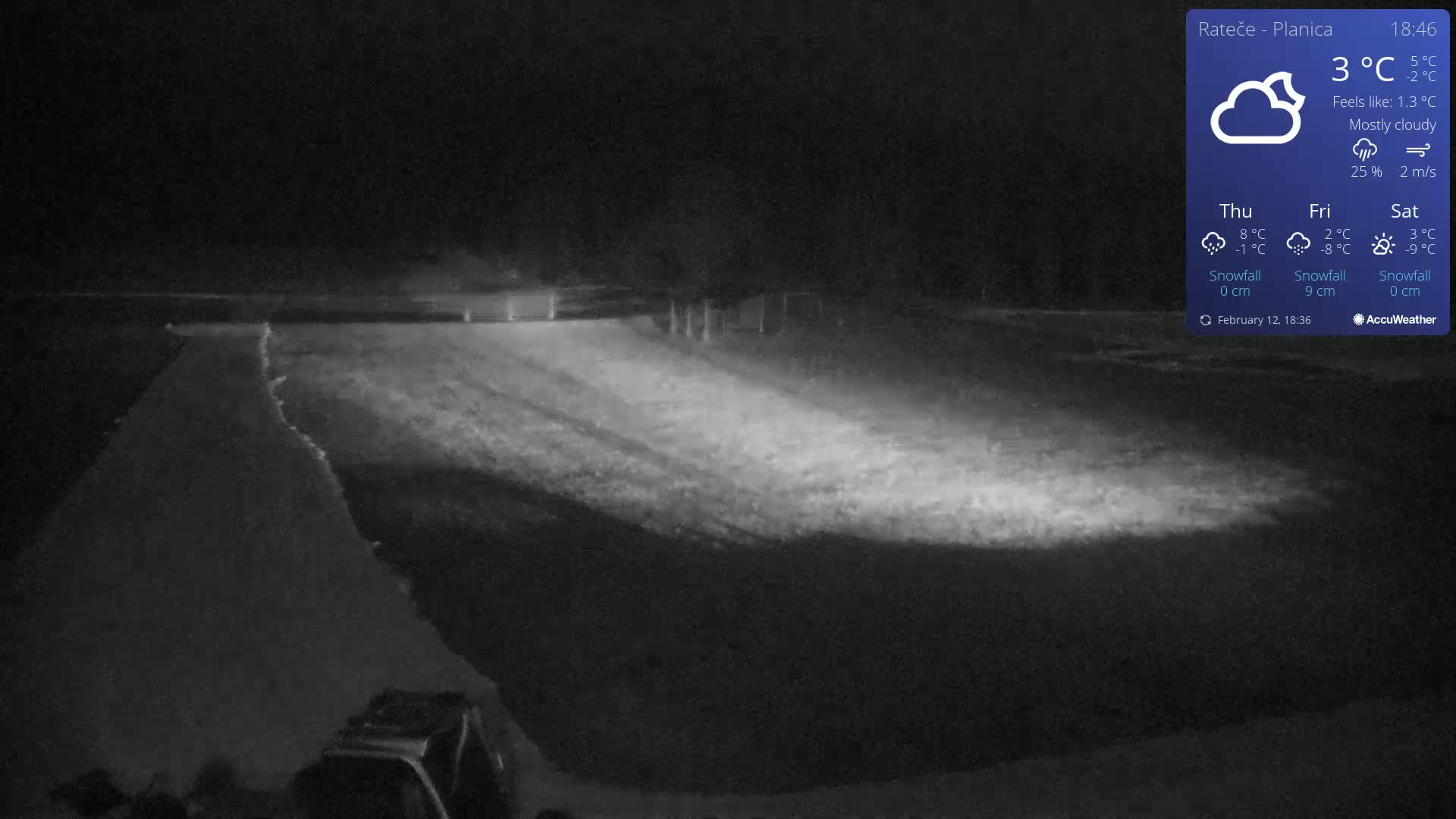 A nighttime, mostly cloudy scene shows a snow-covered landscape with a road visible, illuminated by a light source in the foreground.