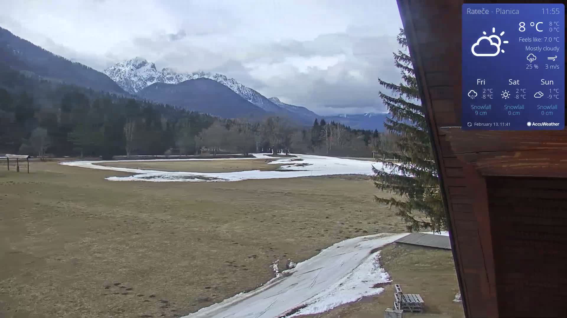 A mostly cloudy, cold day shows a snow-dusted field and a partially snow-covered road leading towards a mountain range in the background.