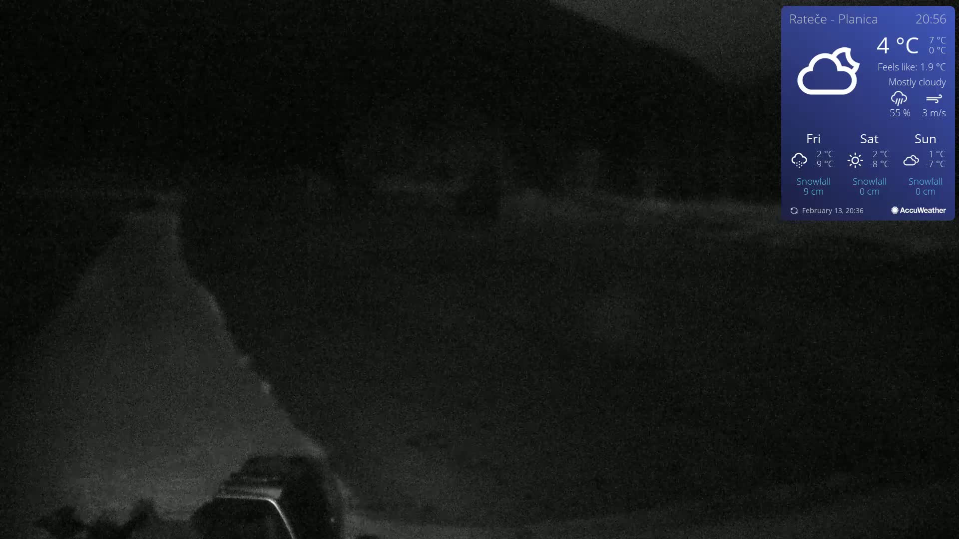 A mostly cloudy night scene shows a dark road and a vehicle under dim lighting conditions.