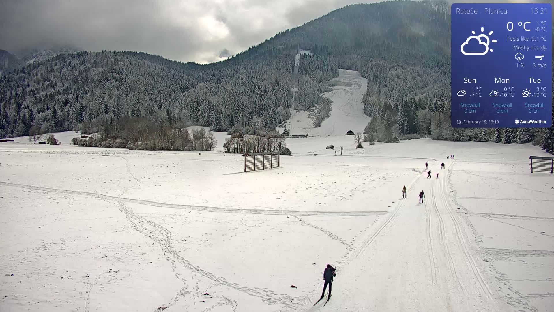 A mostly cloudy, snowy landscape shows cross-country skiers on a groomed trail, with a snow-covered forest in the background.