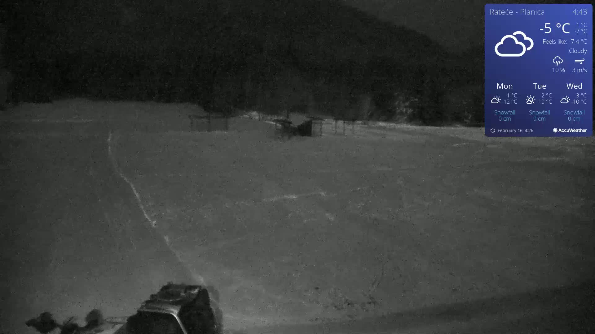 A snow-covered, dark scene at night shows a vehicle in the lower left corner, with a dark structure in the middle distance under a cloudy sky.
