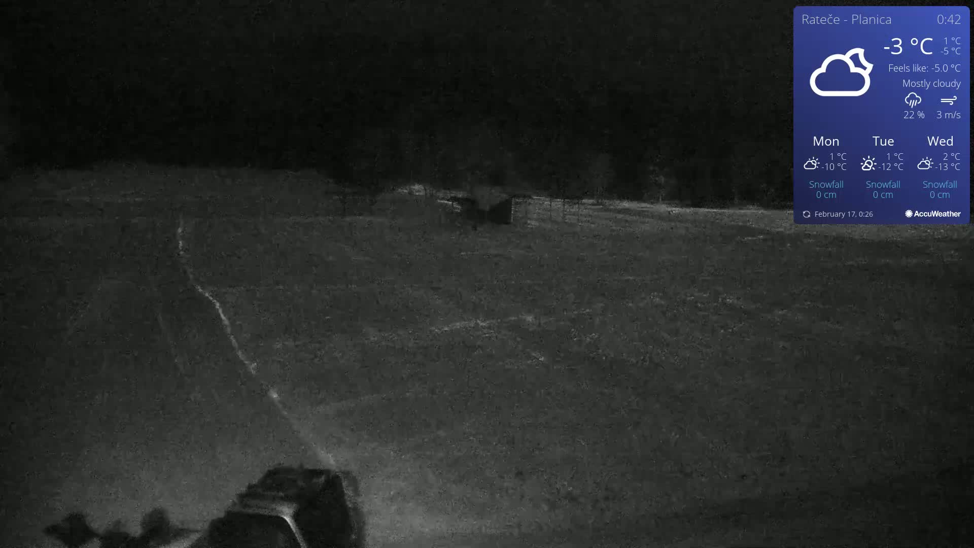 A mostly cloudy night scene shows a dark field with a faint path, a structure in the distance, and a dark object in the foreground under a -3°C temperature.