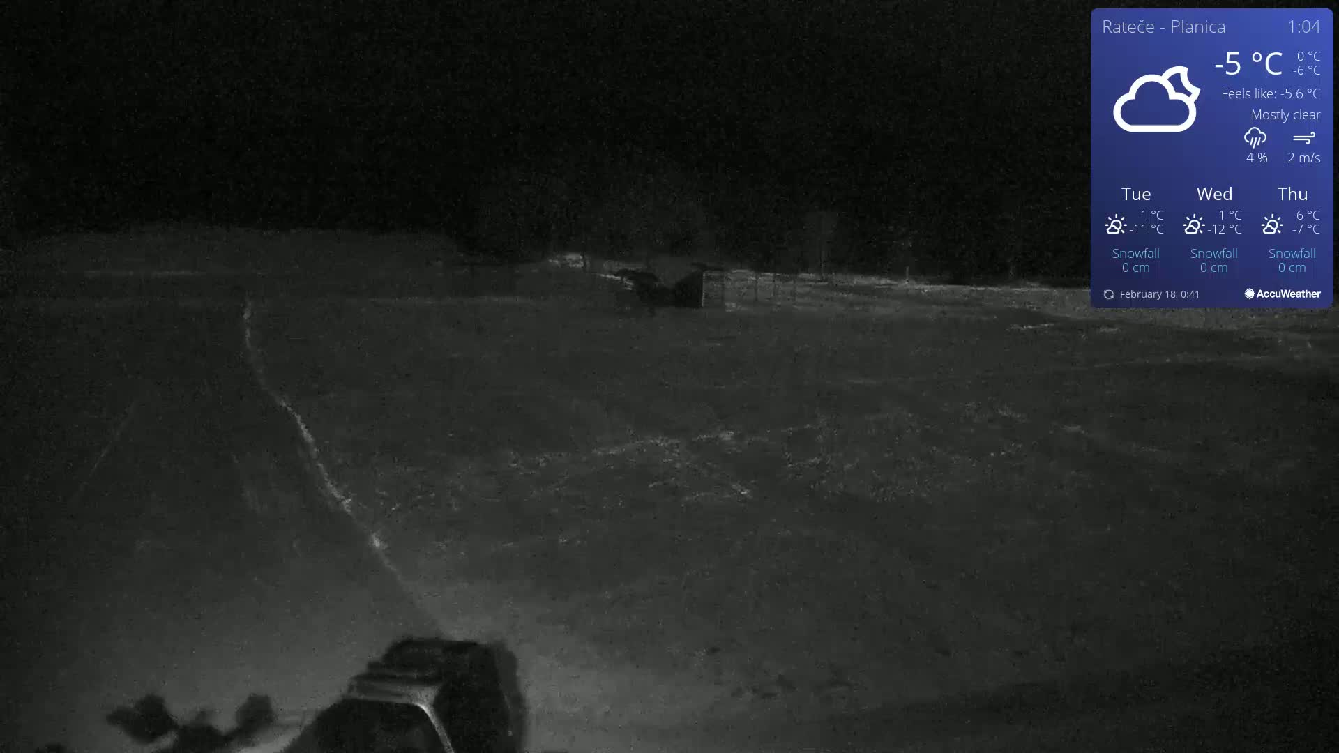 A mostly clear night scene shows a snow-covered area with a vehicle partially visible in the bottom left corner, under a -5°C temperature.