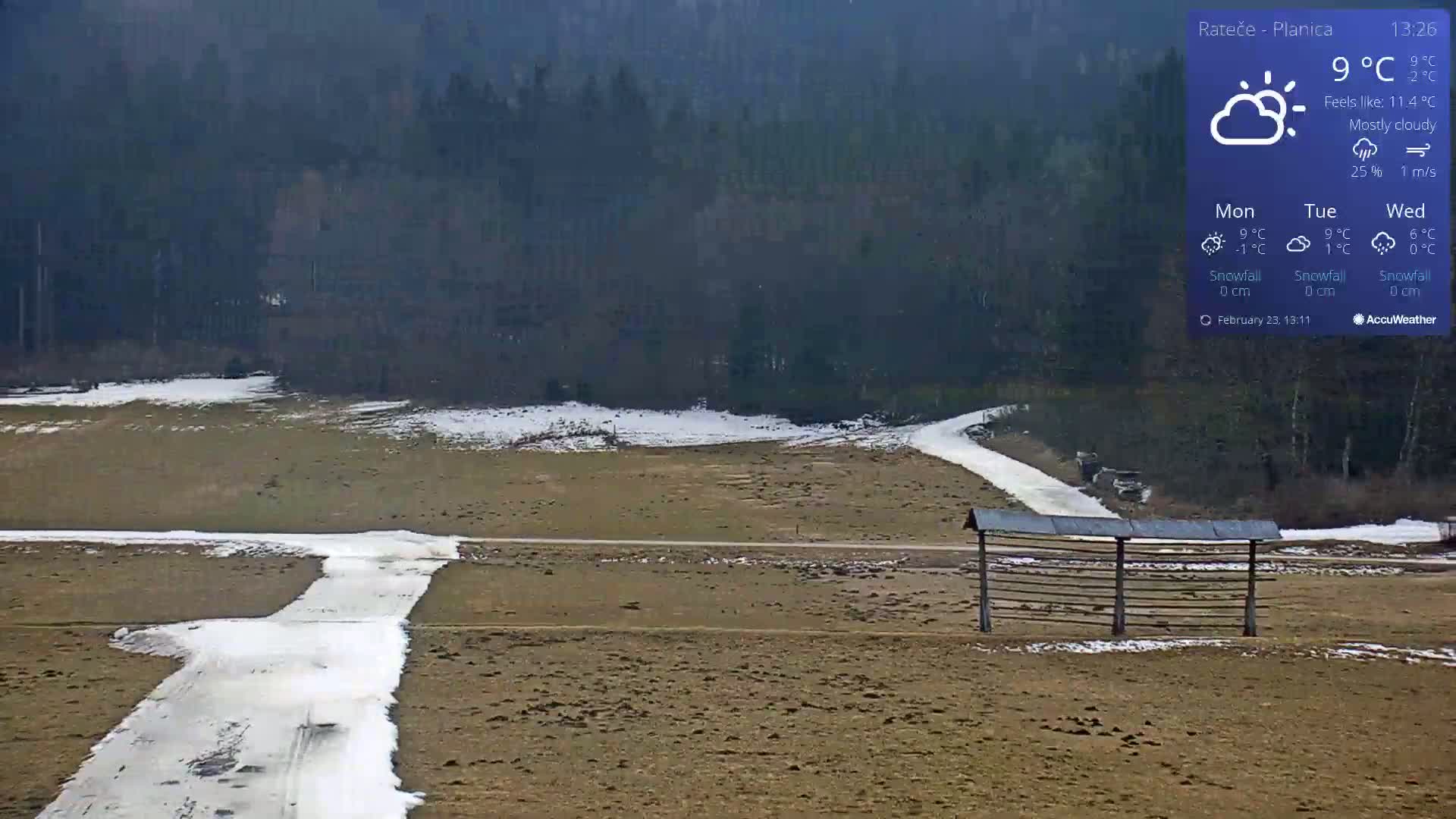 A mostly cloudy day shows a snow-covered path winding through a brown field, bordered by a dark forest in the background.