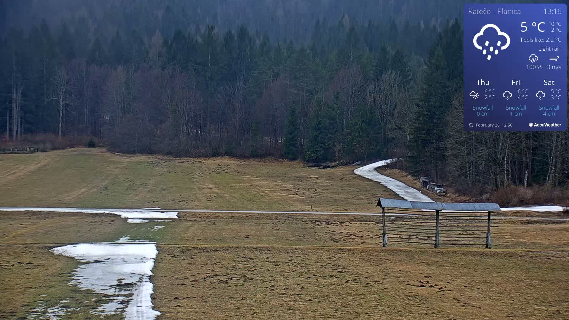 A light rain falls on a mostly brown field with patches of snow, a paved road, and a wooden structure, bordered by a dark forest in the background.