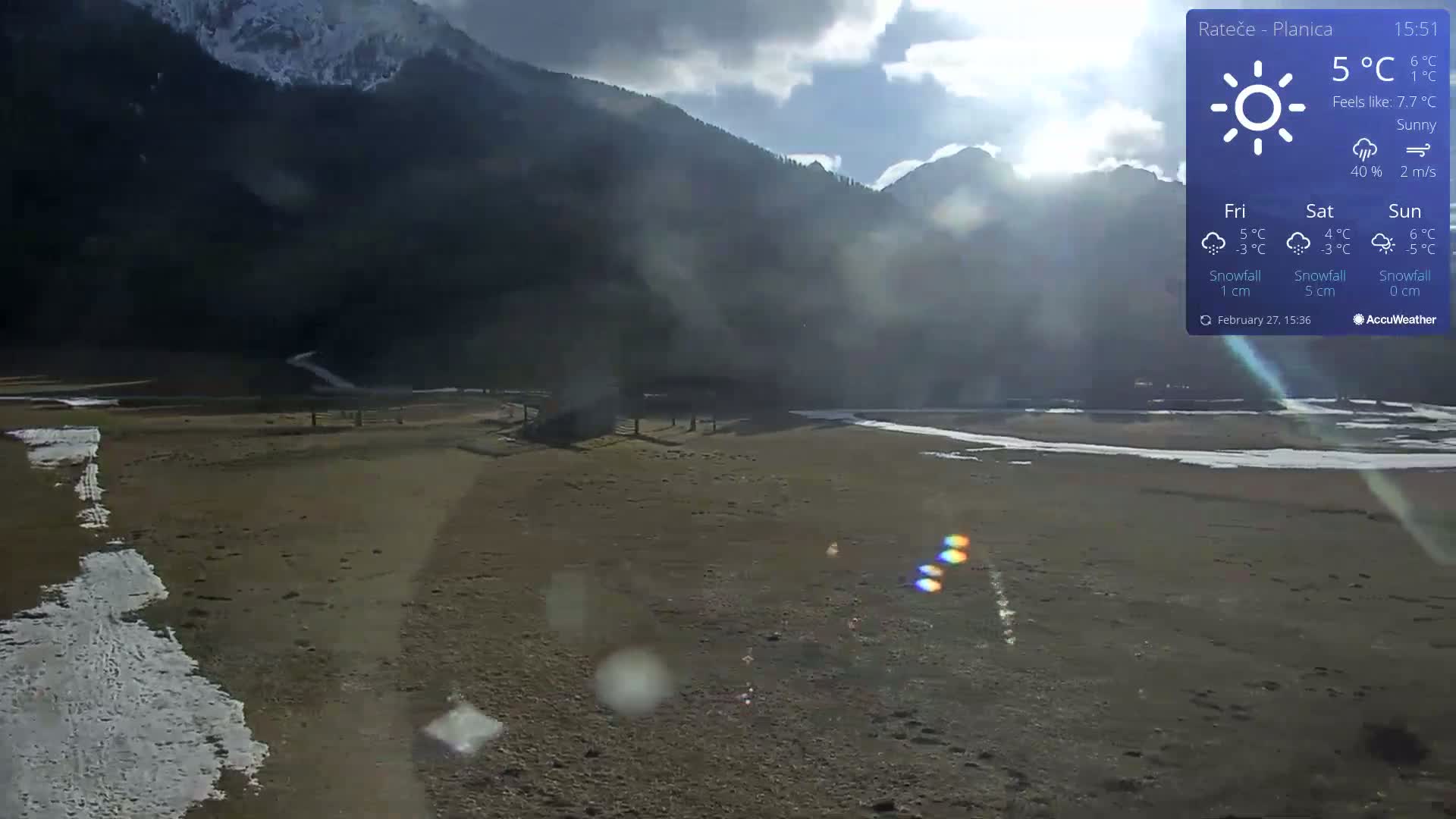 A mostly sunny, snow-dusted flatland stretches towards a mountain range under a partly cloudy sky.