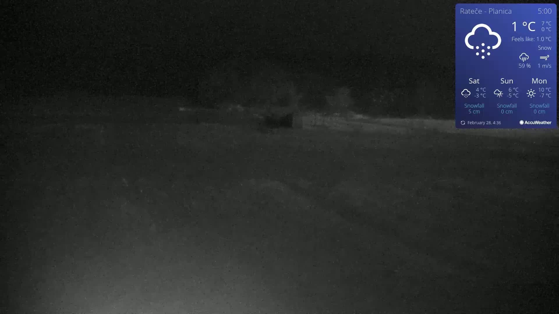A nighttime, snowy scene shows a dark, indistinct landscape under a lightly snowing sky.