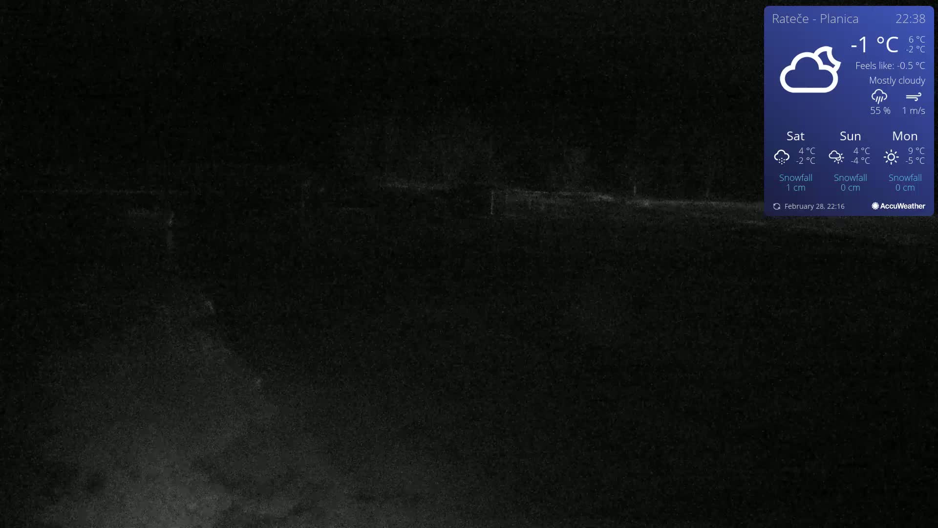 A dark, mostly cloudy night scene shows a flat, dark expanse of land under a -1°C temperature.