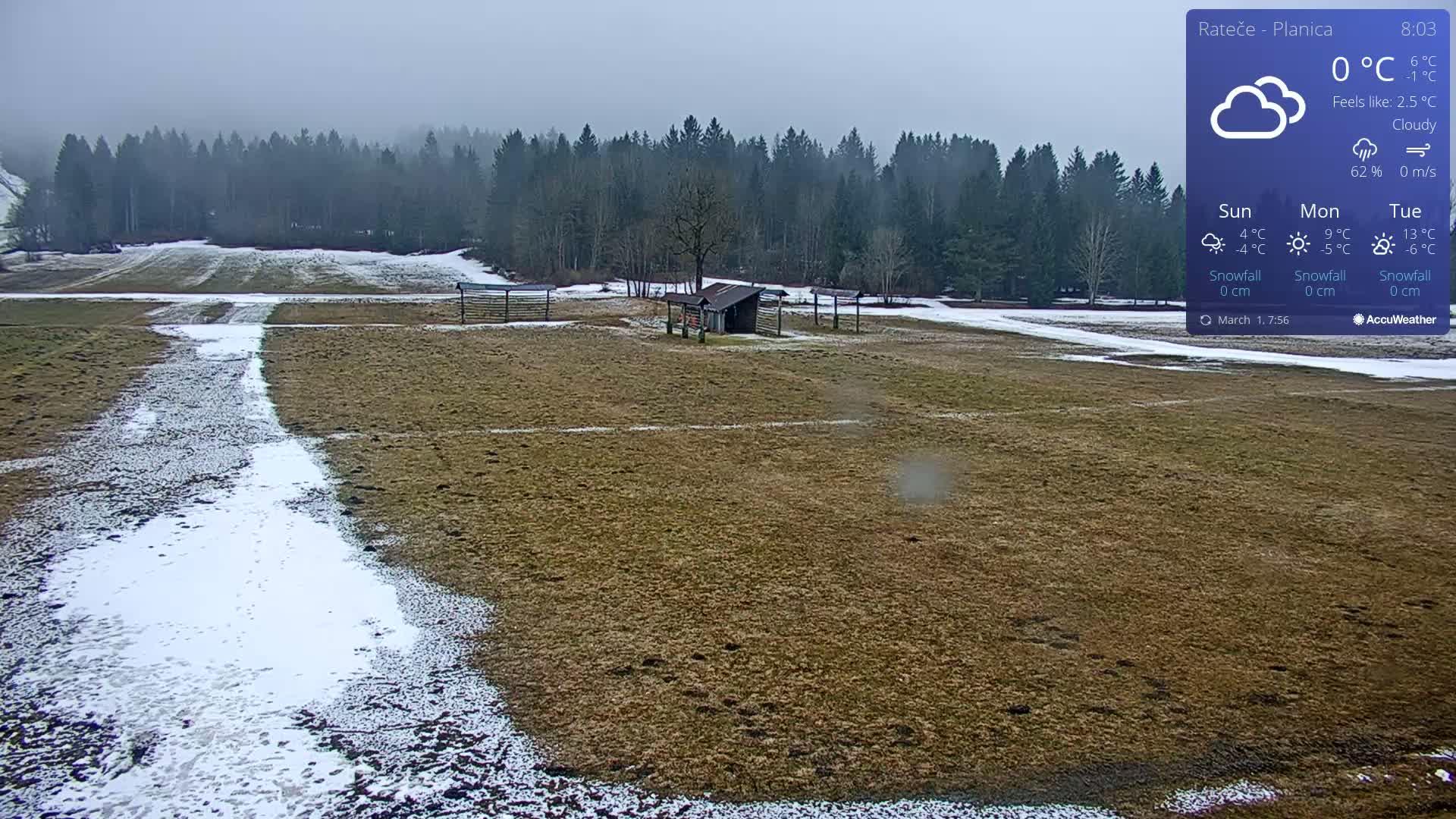 A snow-dusted field with a small shed and remnants of snow sits in front of a line of dark trees under cloudy skies.