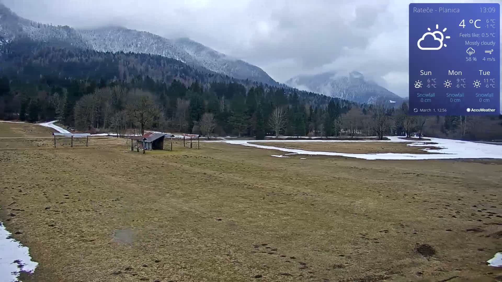A mostly cloudy day reveals a snow-dusted mountain range behind a brown field with patches of snow, a small shed, and wooden structures.