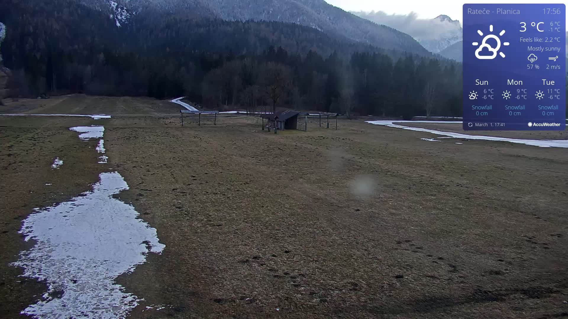 A mostly sunny, mostly brown field with patches of melting snow, a small wooden structure, and a background of dark green trees and mountains.