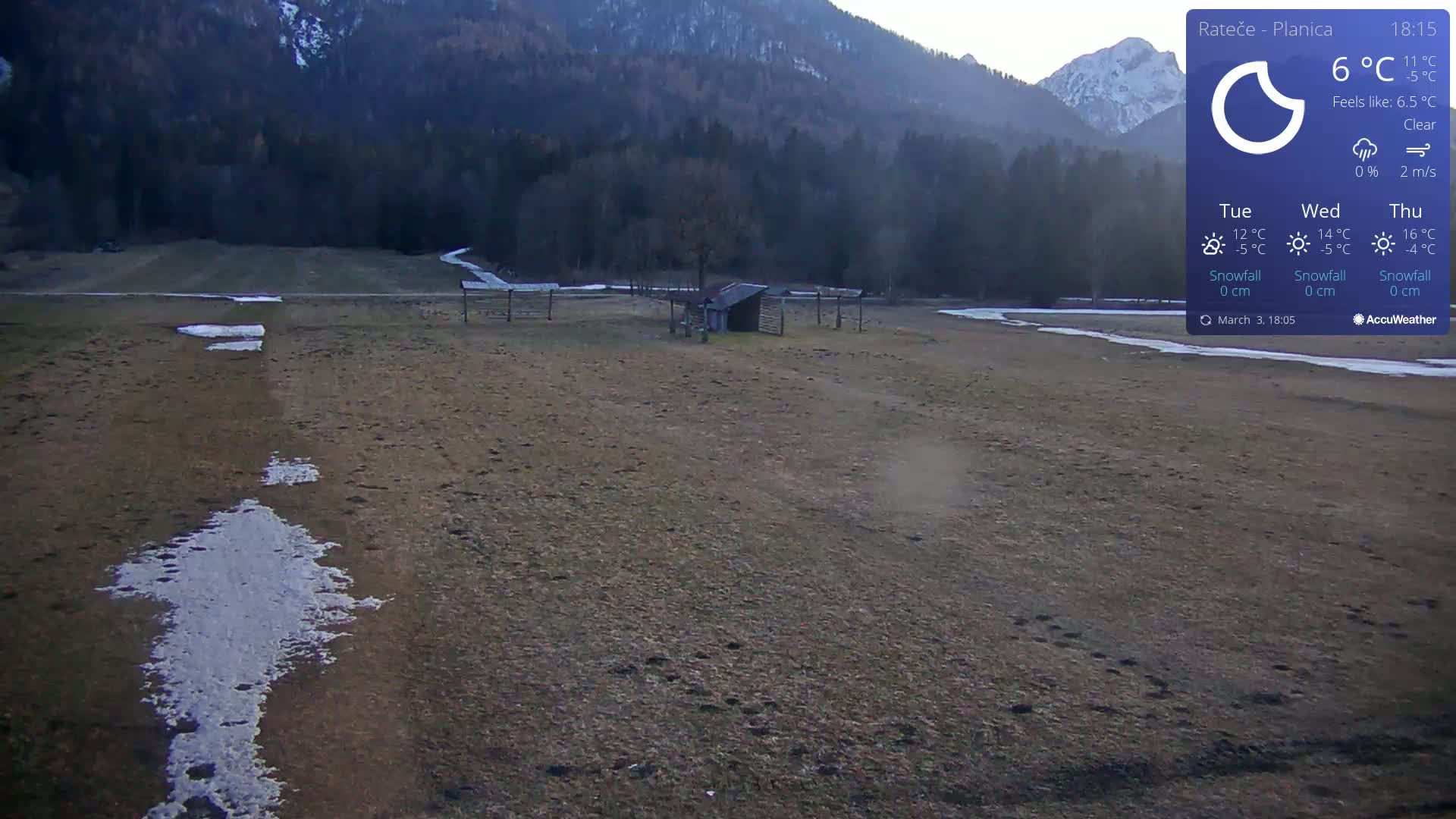 A mostly clear, daytime view of a flat, open field with patches of snow and a small shed, set against a backdrop of mountains.