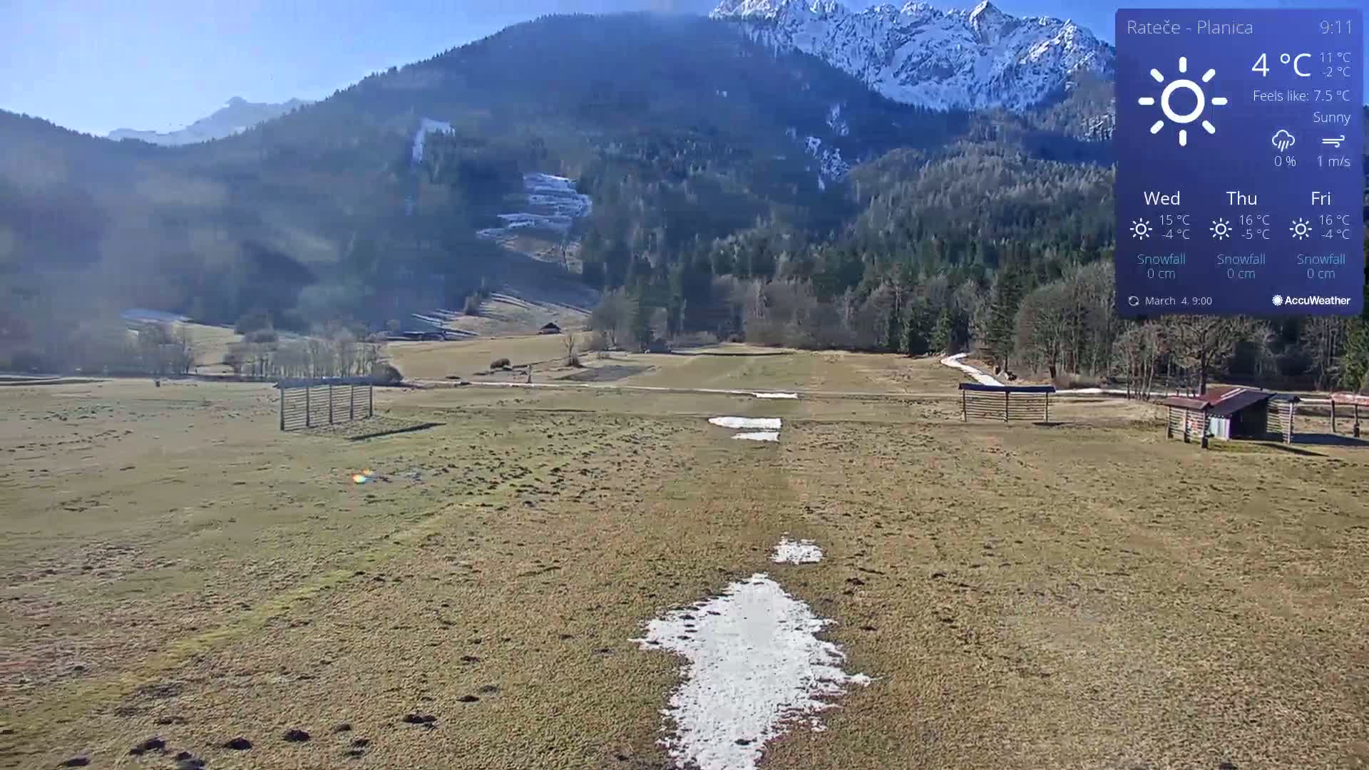 A sunny, snow-dusted field stretches out before snow-capped mountains under a clear sky.