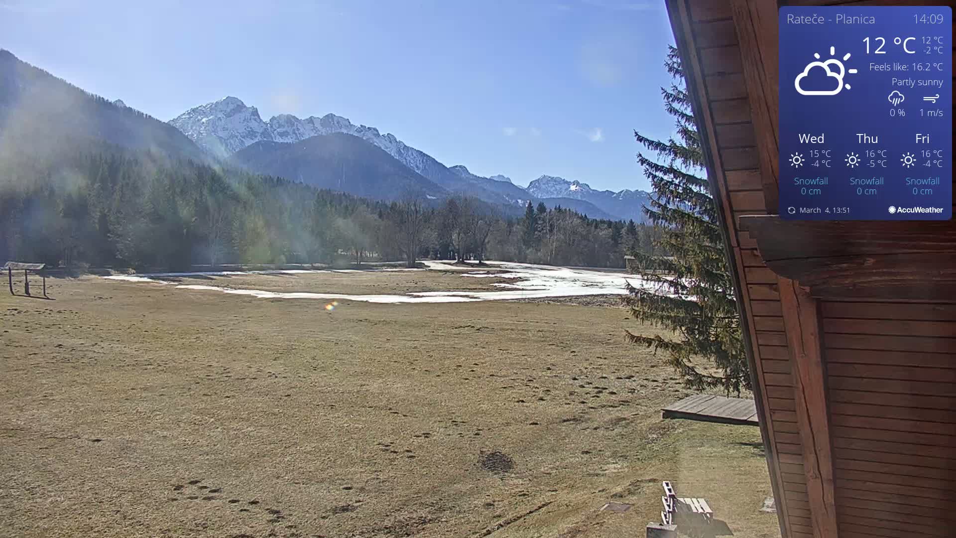 A partly sunny view of a snow-dusted field and distant snow-capped mountains.