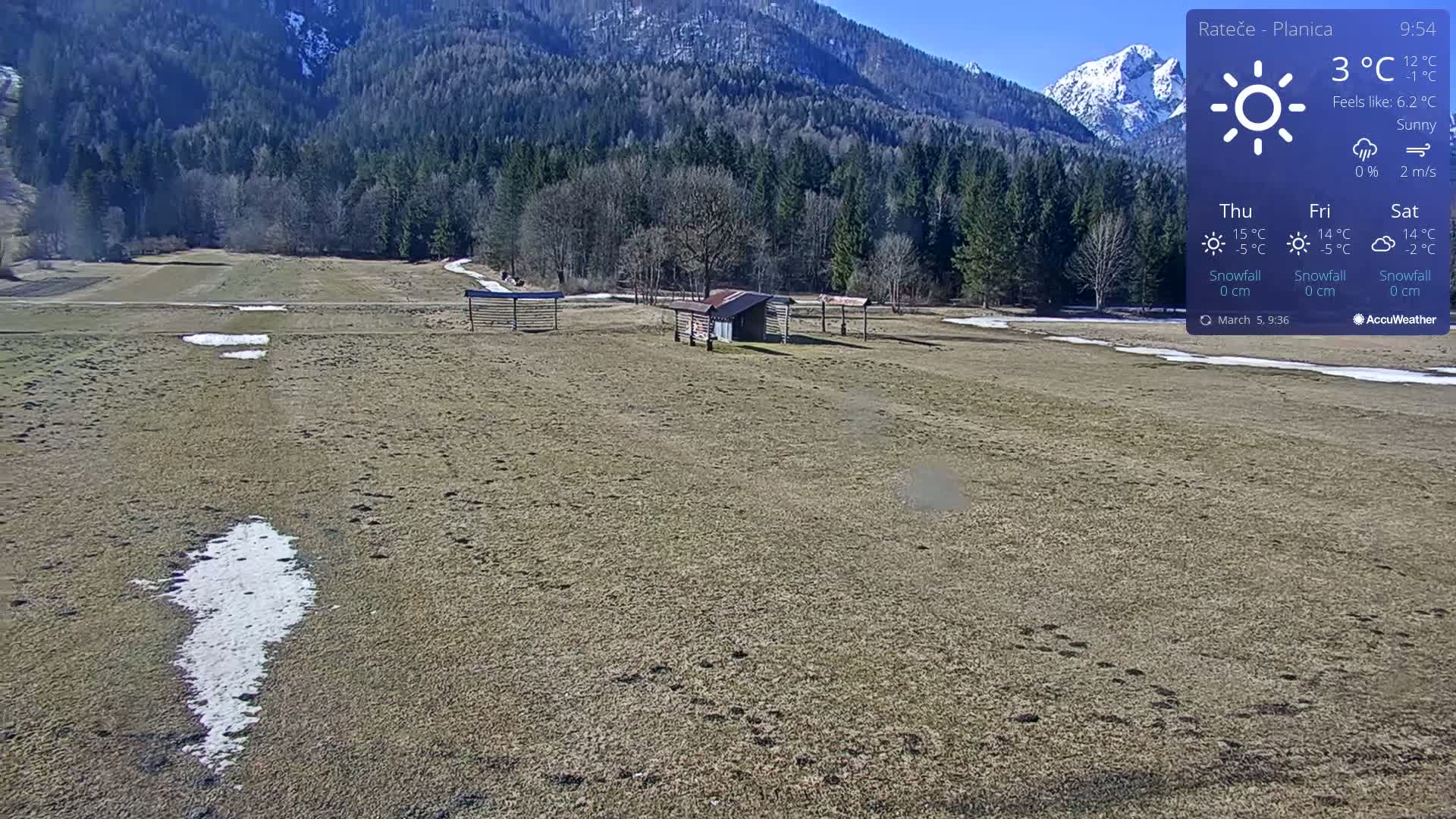 A sunny, mostly dry field with patches of snow, a small shed, and animal tracks is situated before a forest and snow-capped mountains.