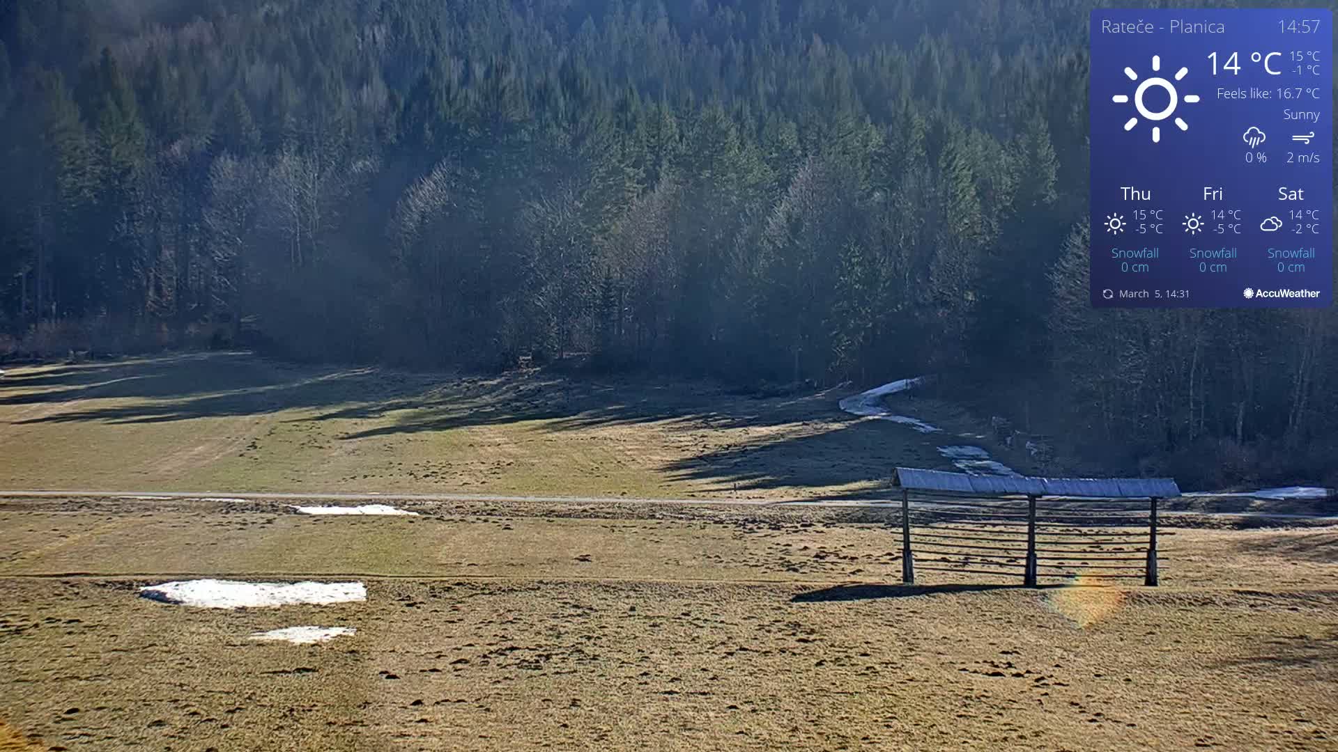 A sunny, open field with patches of snow, a wooden structure, and a background of dark green coniferous forest.