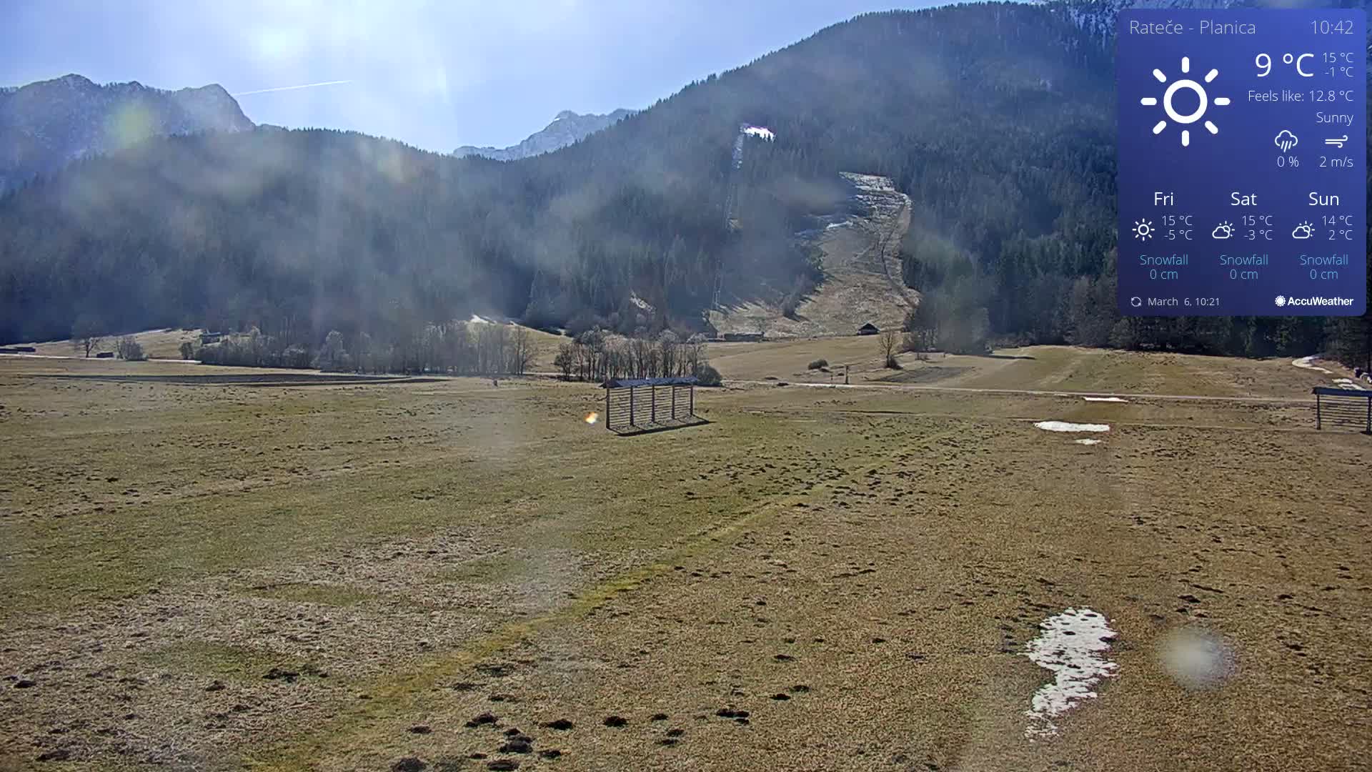 A sunny, mostly clear day with patchy snow on a large, flat, grassy field in front of a mountain range with a ski slope visible on the mountainside.