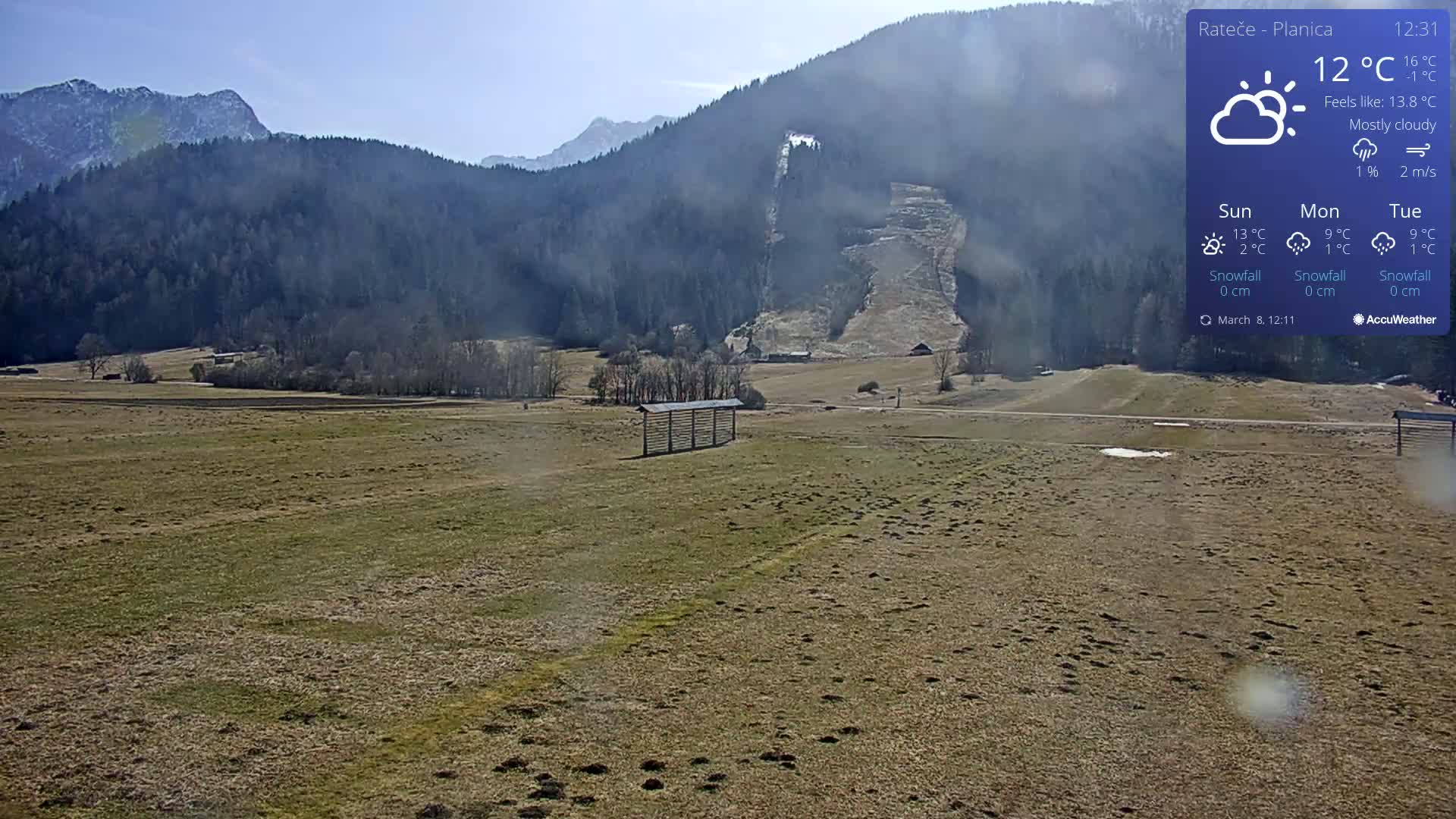A mostly cloudy, sunny day reveals a grassy field with a wooden structure in the foreground, overlooking a ski slope and mountains in the background.