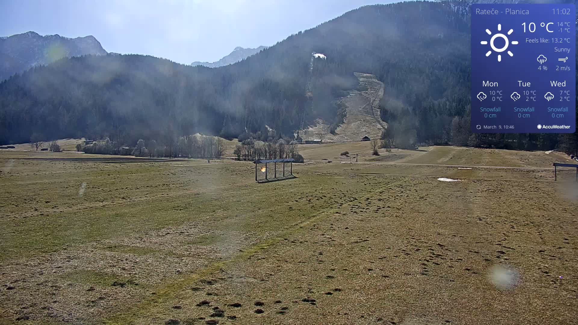 A sunny, flat, grassy field stretches out before a backdrop of forested mountains under a clear sky.