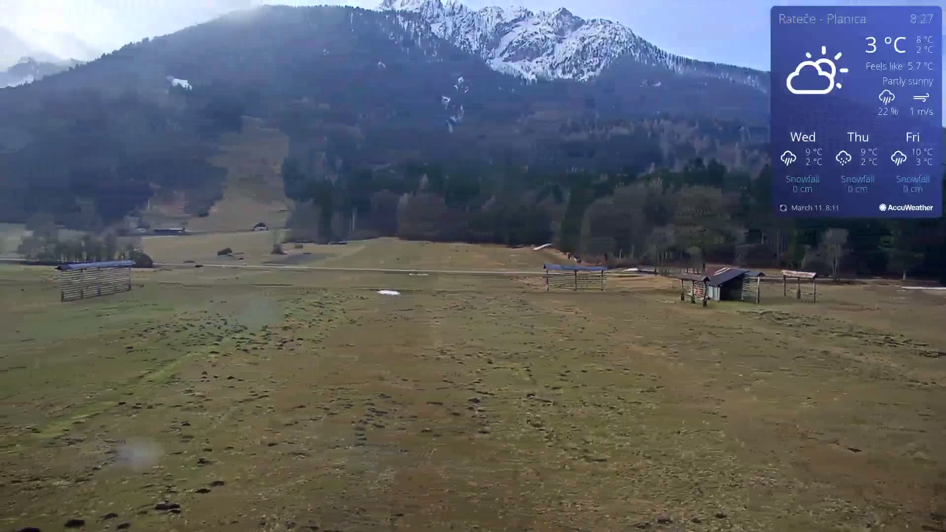 A partly sunny landscape shows a flat, brown field with some wooden structures, overlooking snow-capped mountains in the background.