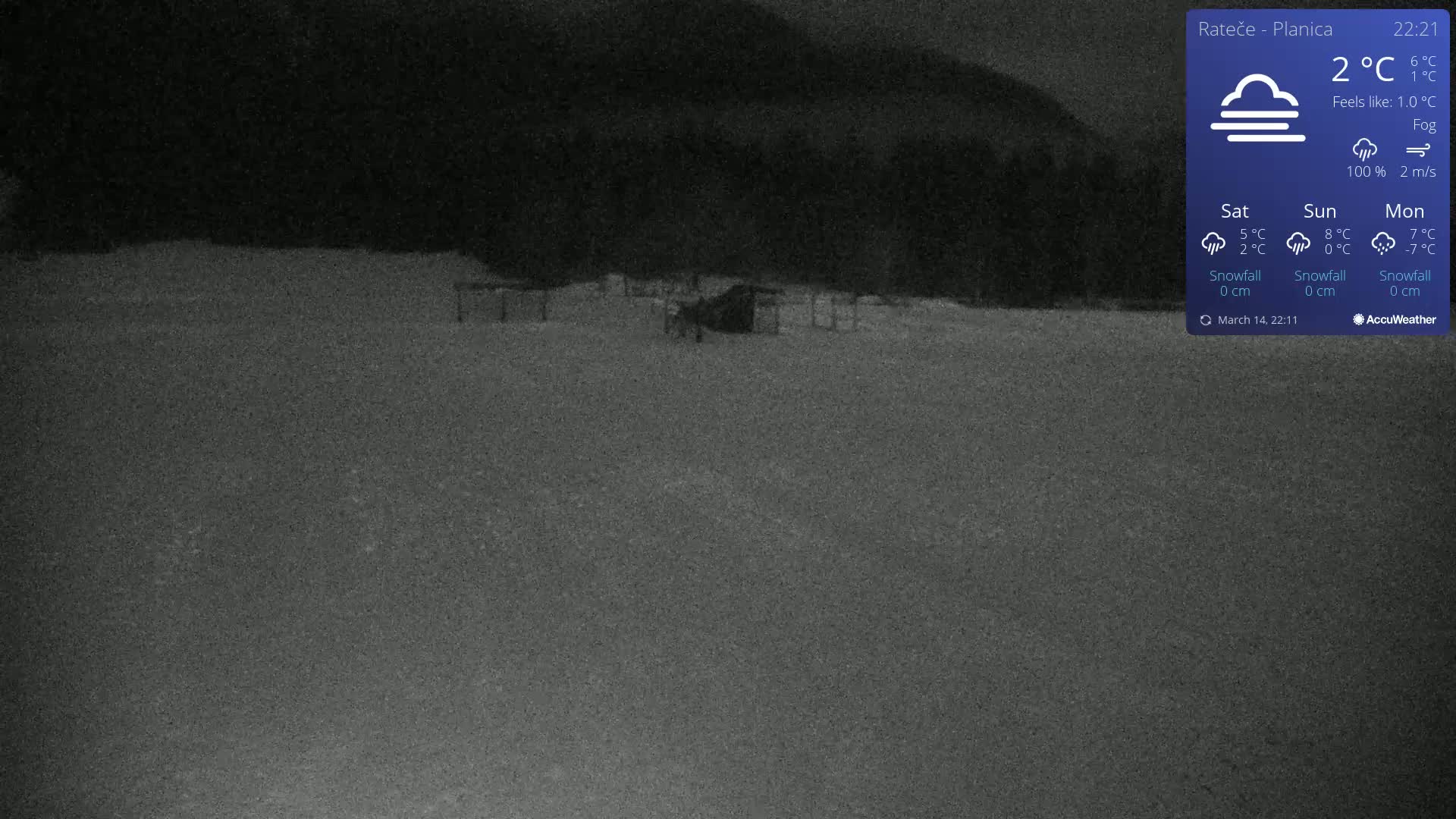 A dark, foggy, snowy landscape at night is visible, showing a few structures in the middle distance.
