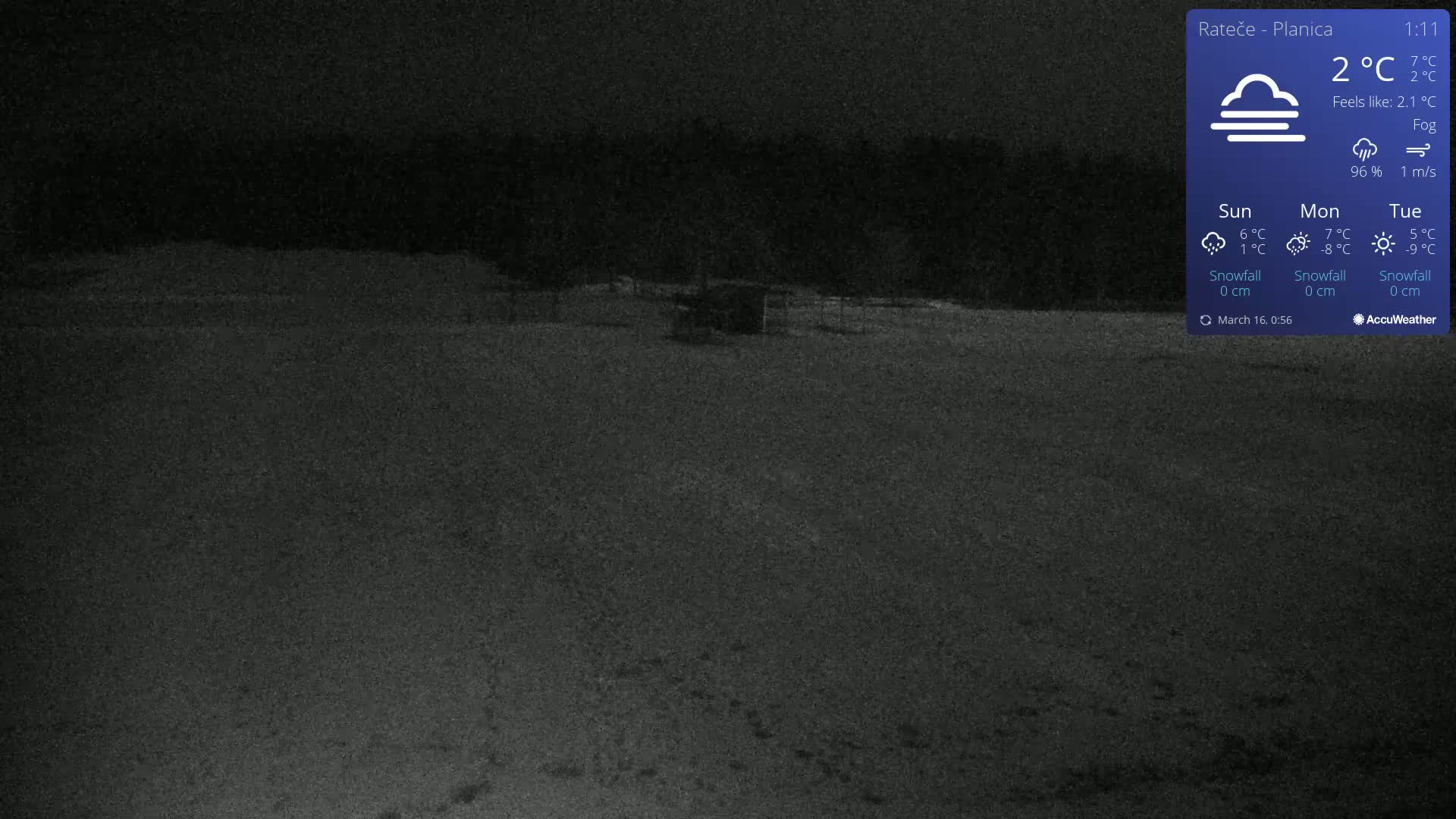 A dark, foggy, snow-covered landscape is visible at night, with a small structure in the middle distance.