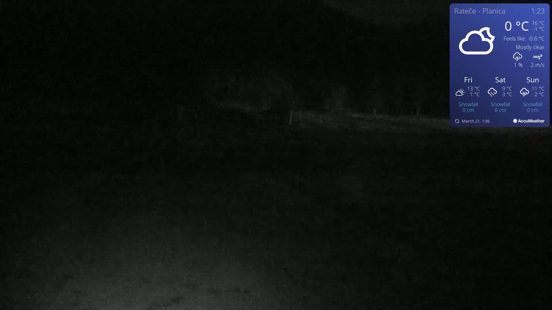 A dark, mostly clear night scene shows a dimly lit, flat expanse of ground under a 0°C temperature.