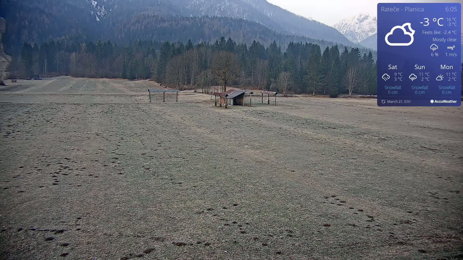 A frosty field with animal tracks stretches before a line of trees and mountains under a mostly clear sky.
