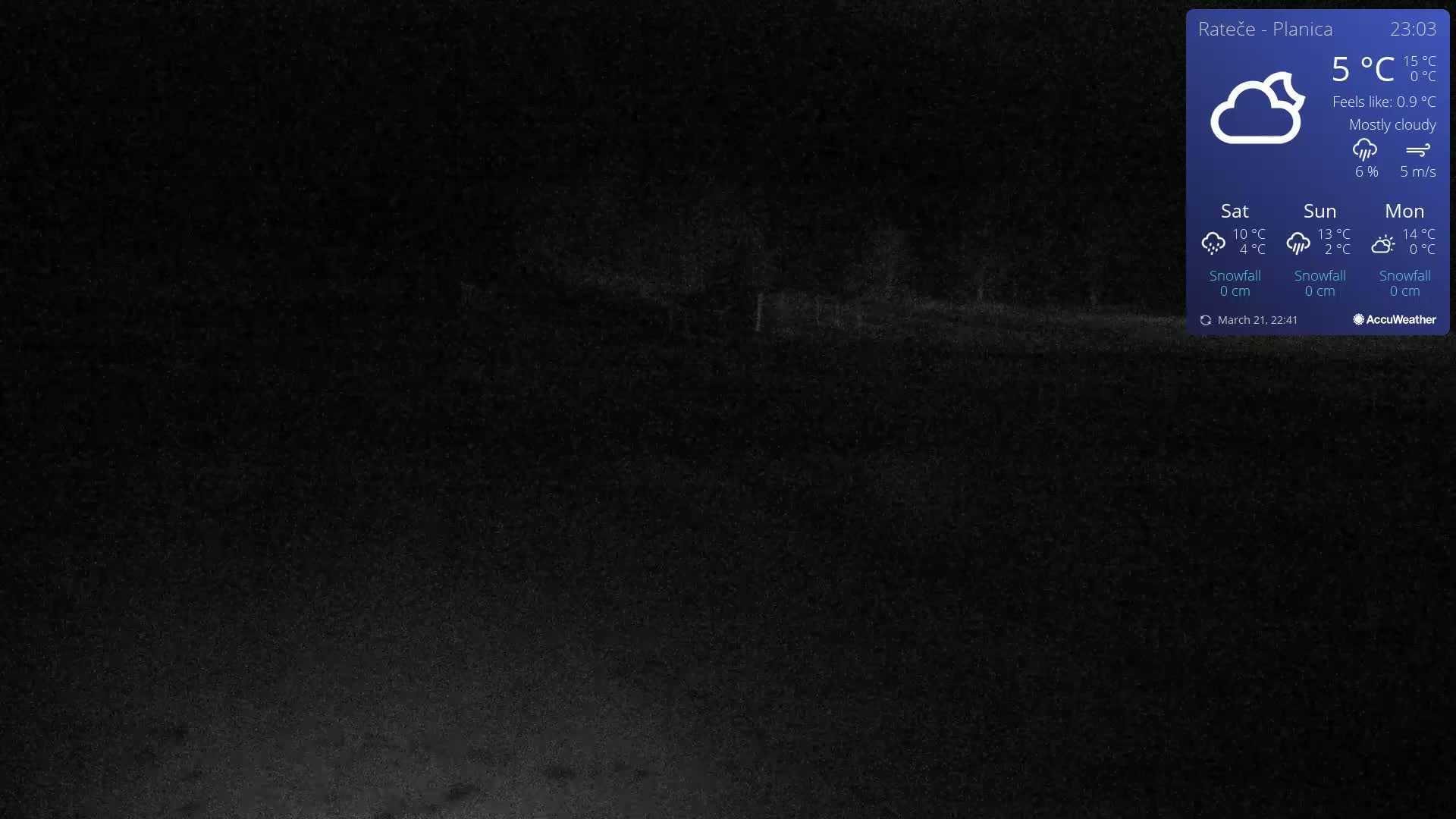 A mostly cloudy, dark nighttime scene shows a flat, dark expanse of land with faint, indistinct shapes of vegetation in the distance under a 5°C temperature.