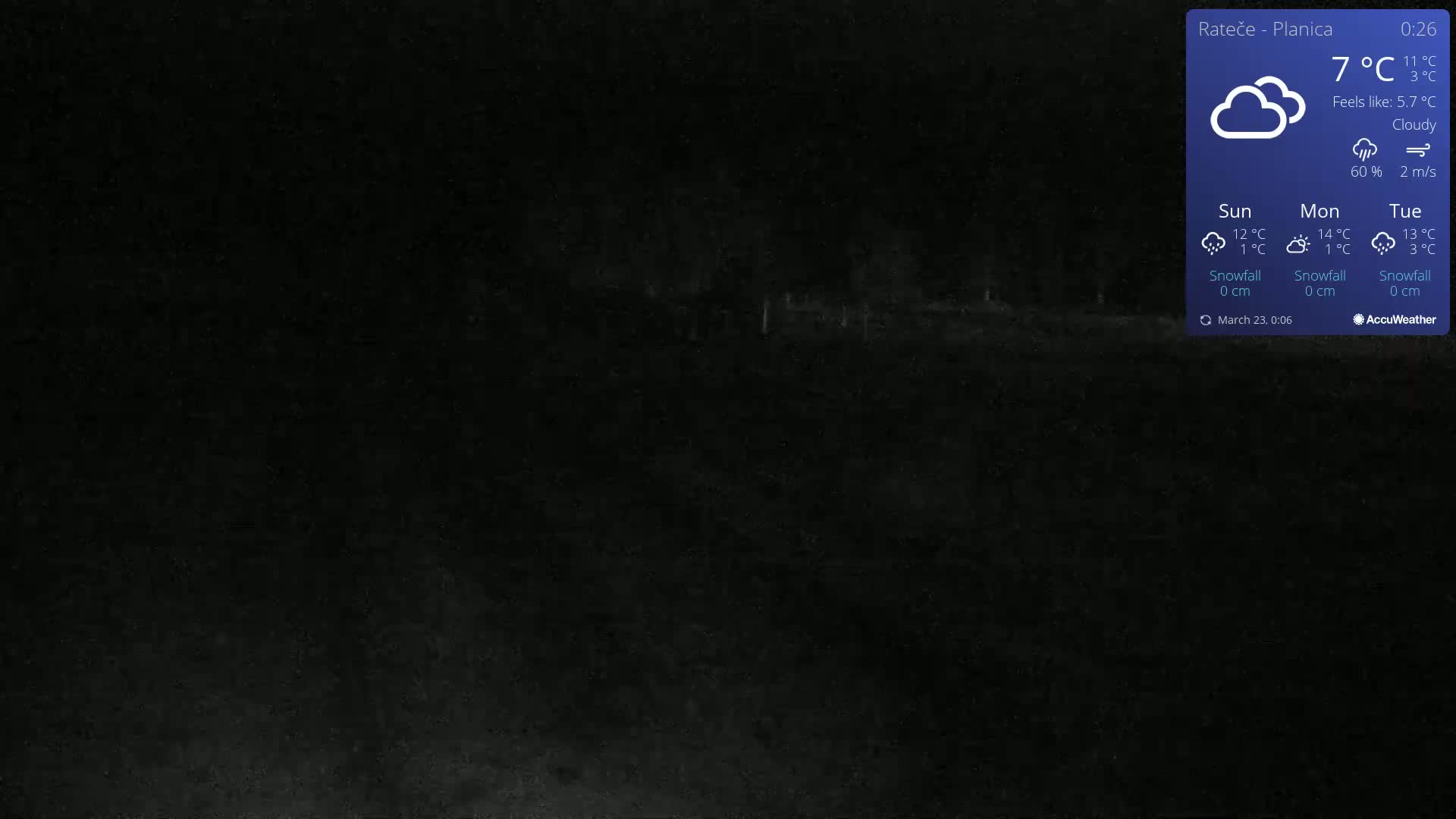 A dark, cloudy nighttime scene shows a mostly featureless, dark expanse of ground.